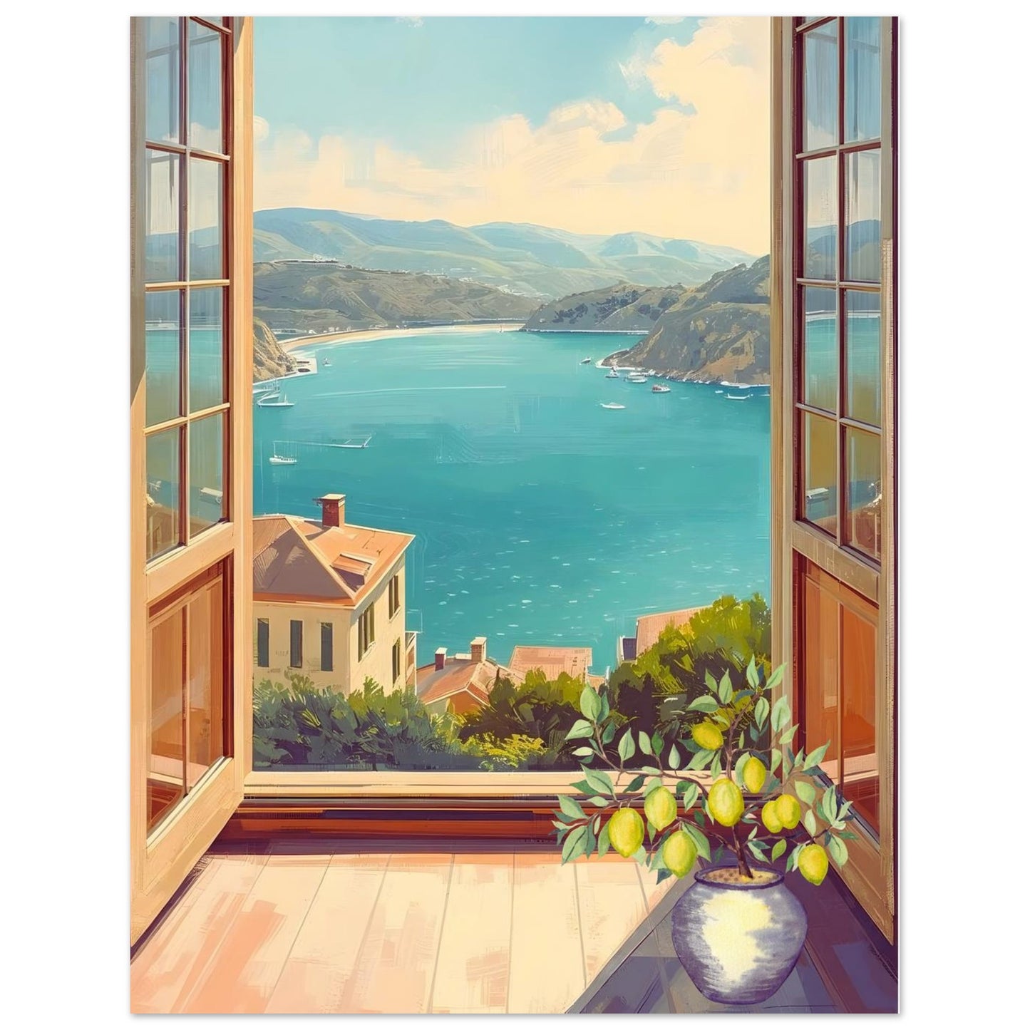 Open window view of a coastal landscape with a vase of lemons on a windowsill.