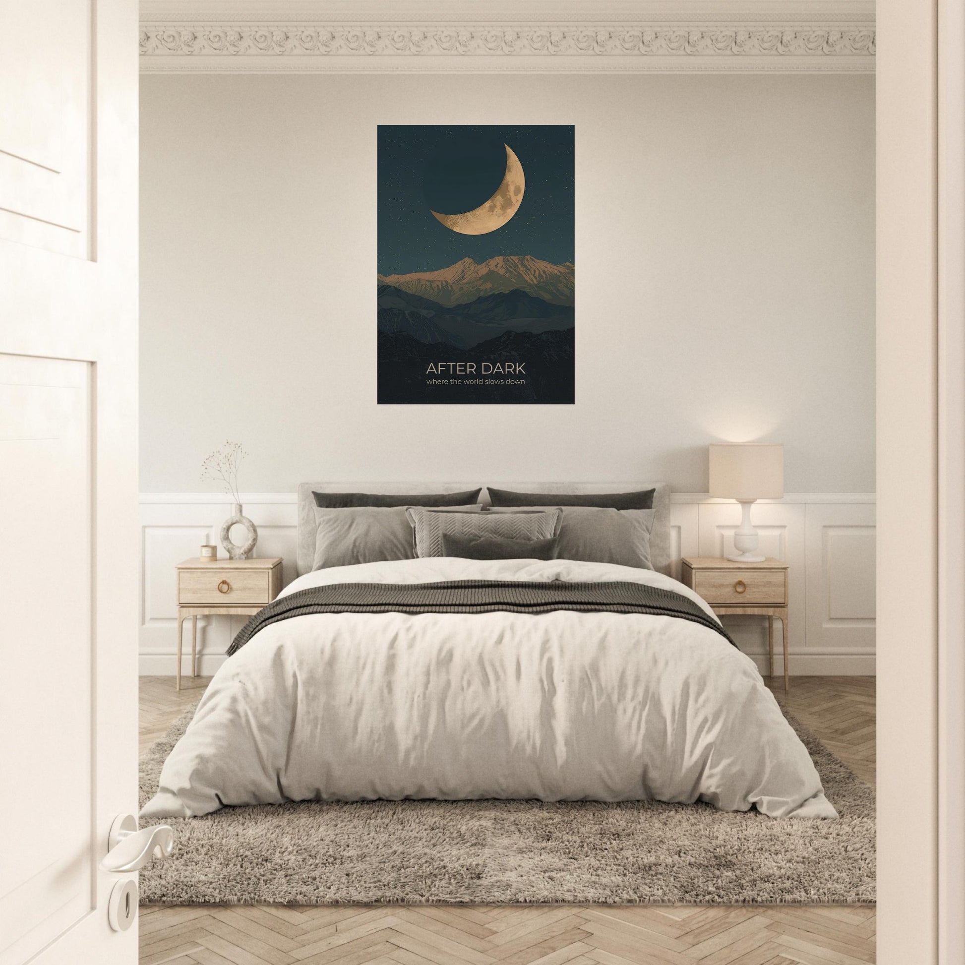 After Dark wall art displayed above a bed in a neutral bedroom, bringing calm night-sky inspiration and minimalist design to the space