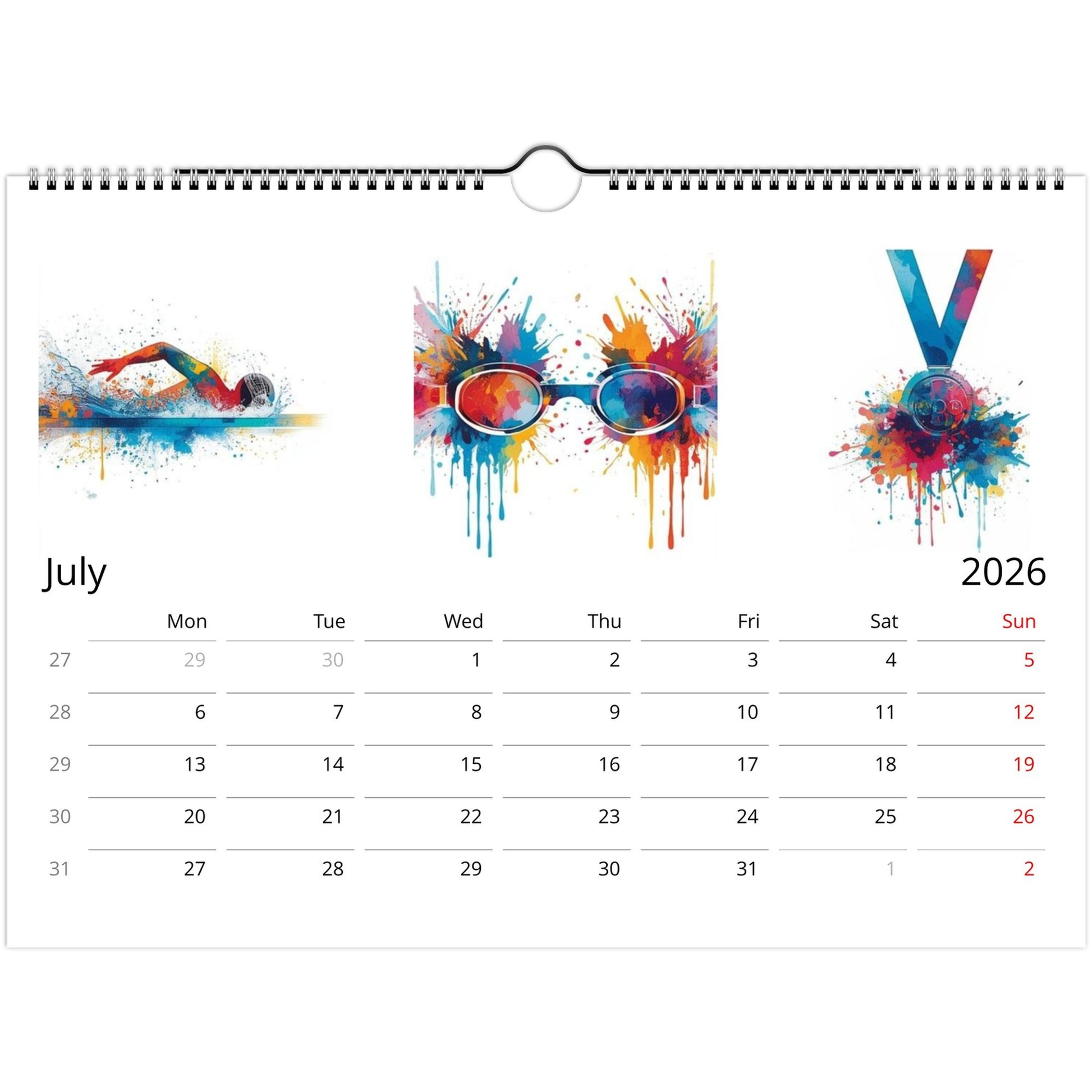 Calendar page for July 2026 with swim-themed designs on a white background