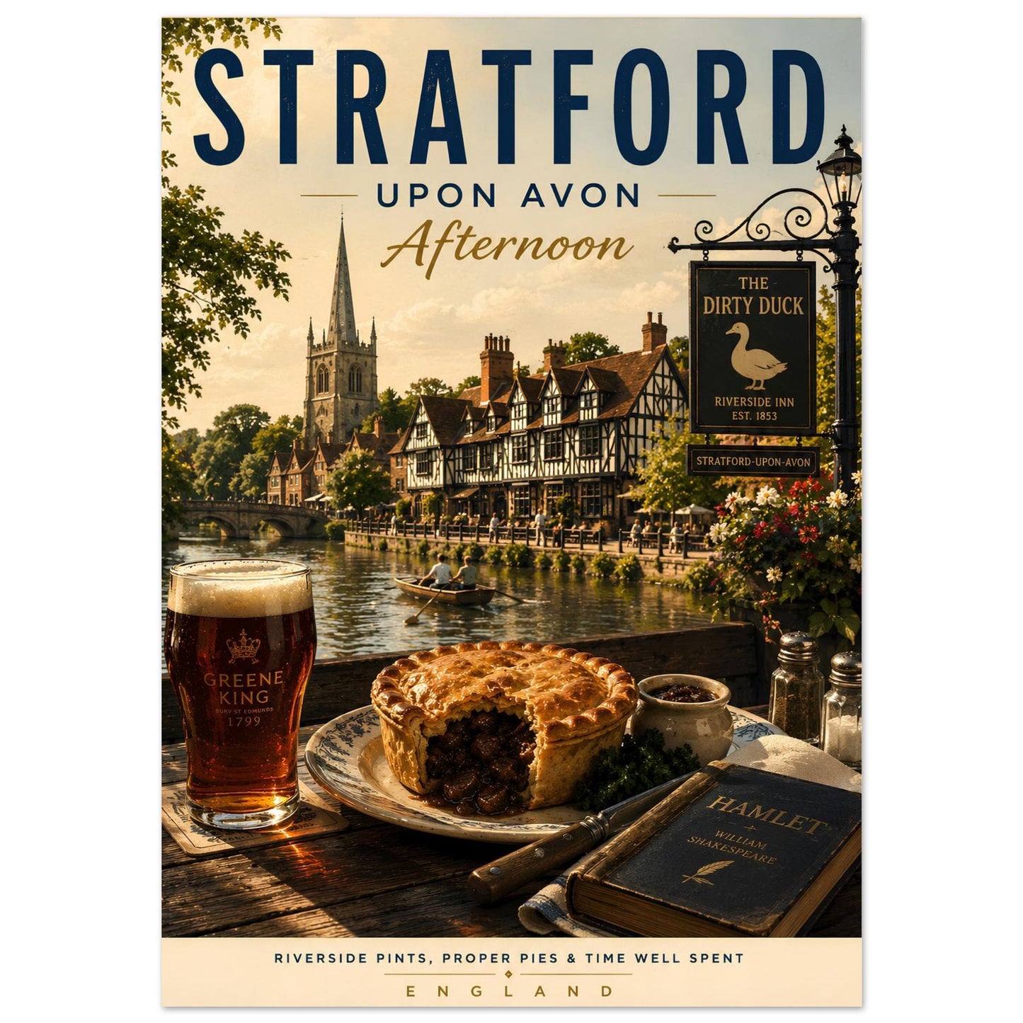 Stratford-upon-Avon Afternoon wall art print featuring the River Avon, traditional pub meal, local ale and Shakespeare-inspired details.