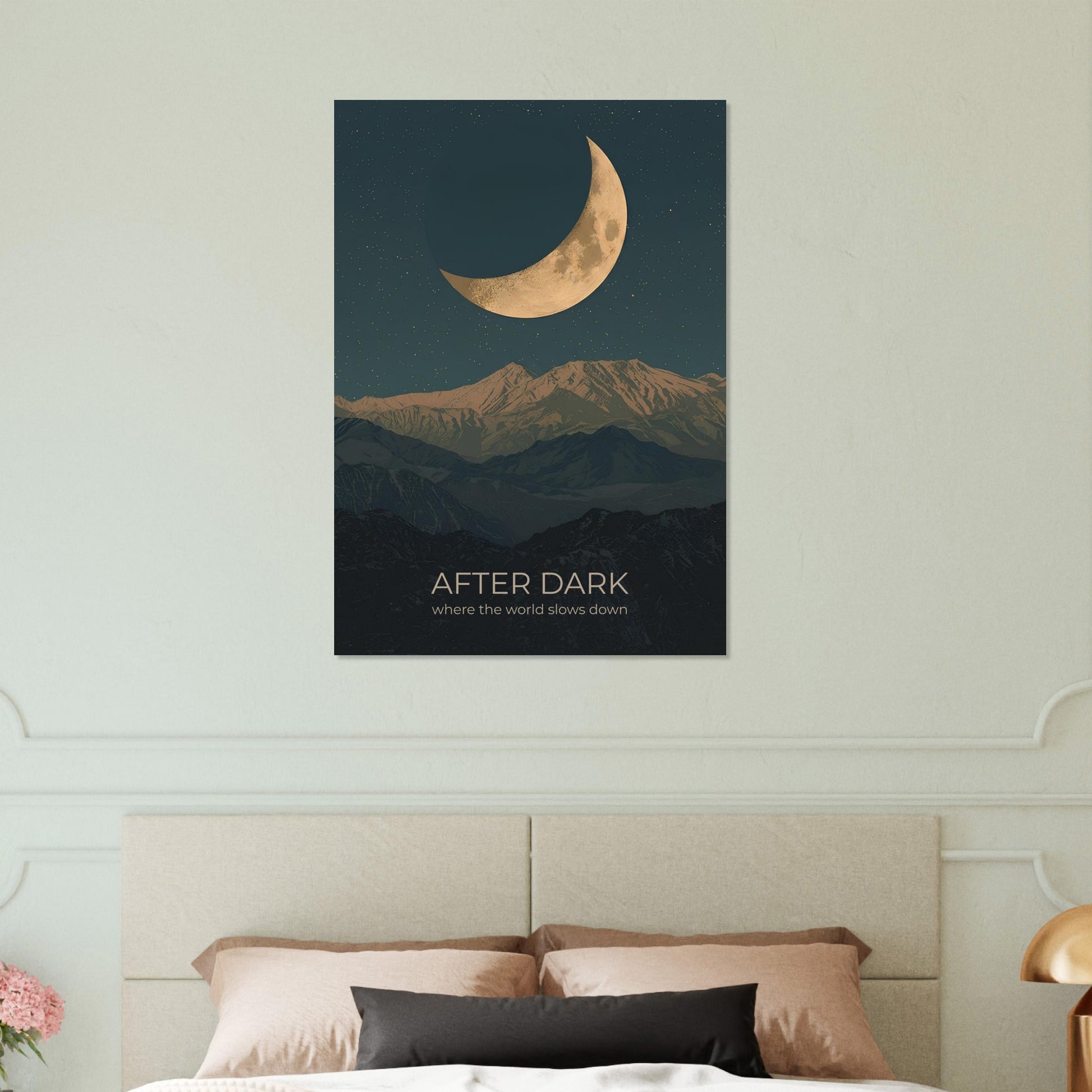 After Dark poster displayed in a luxurious green bedroom, showcasing a dramatic crescent moon and mountain landscape.