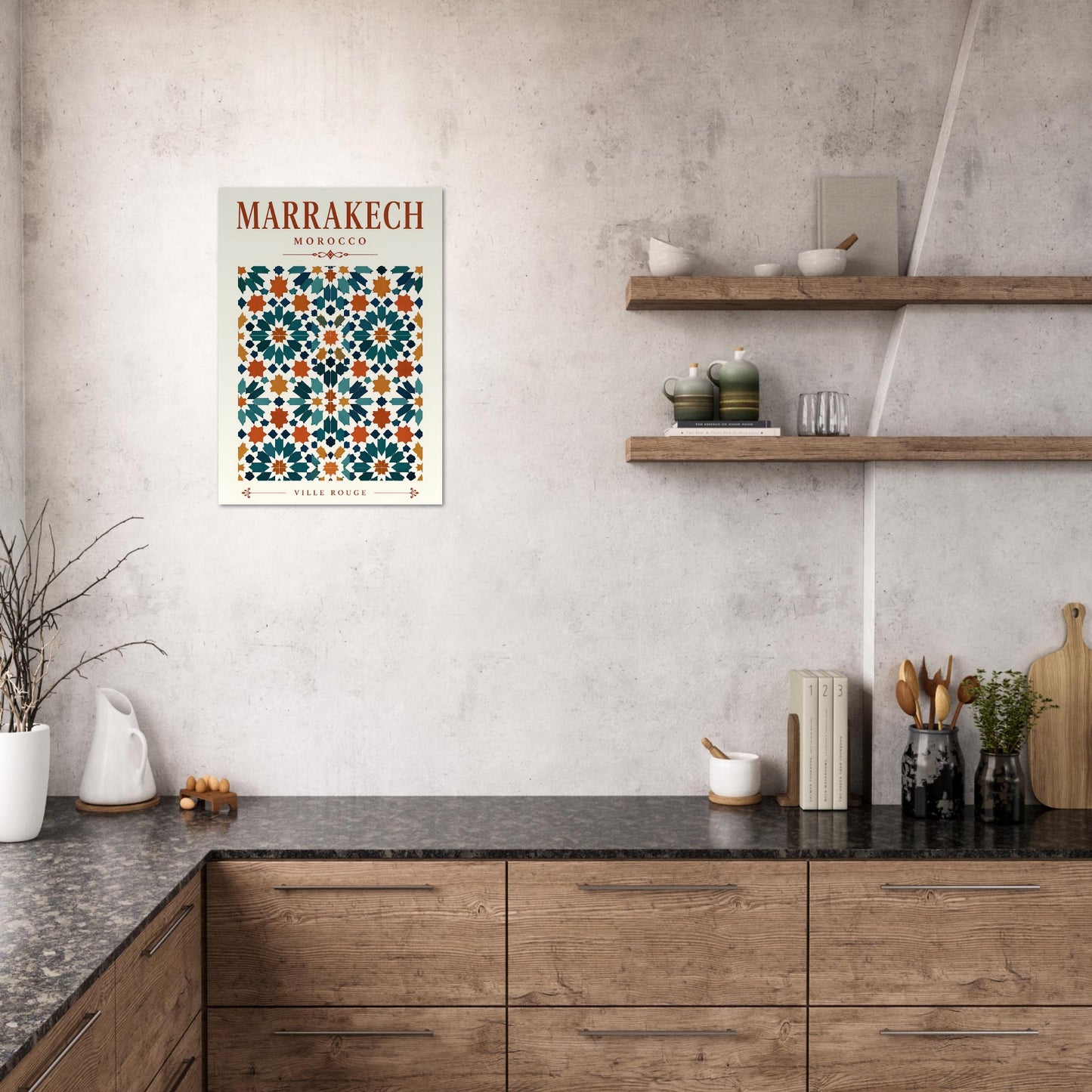 Marrakech travel poster displayed in a modern kitchen with natural wood cabinetry and neutral décor.