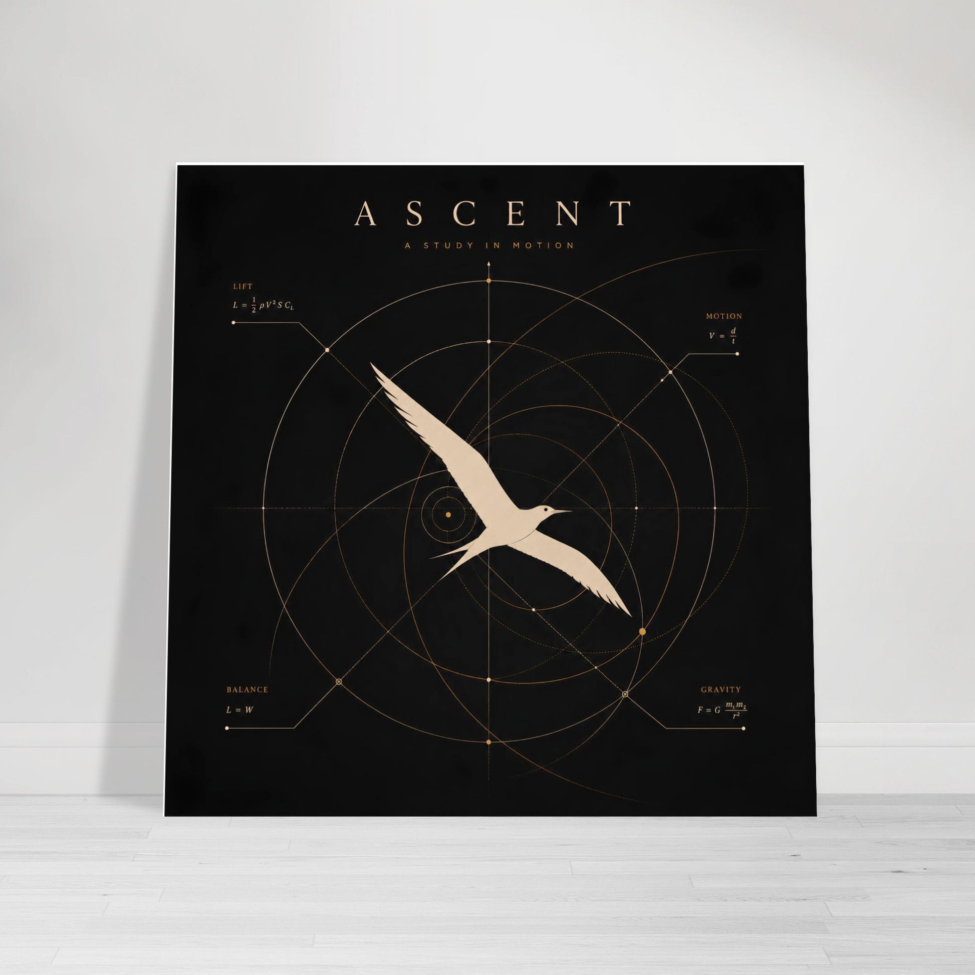 Poster titled 'Ascent' with a bird illustration on a black background