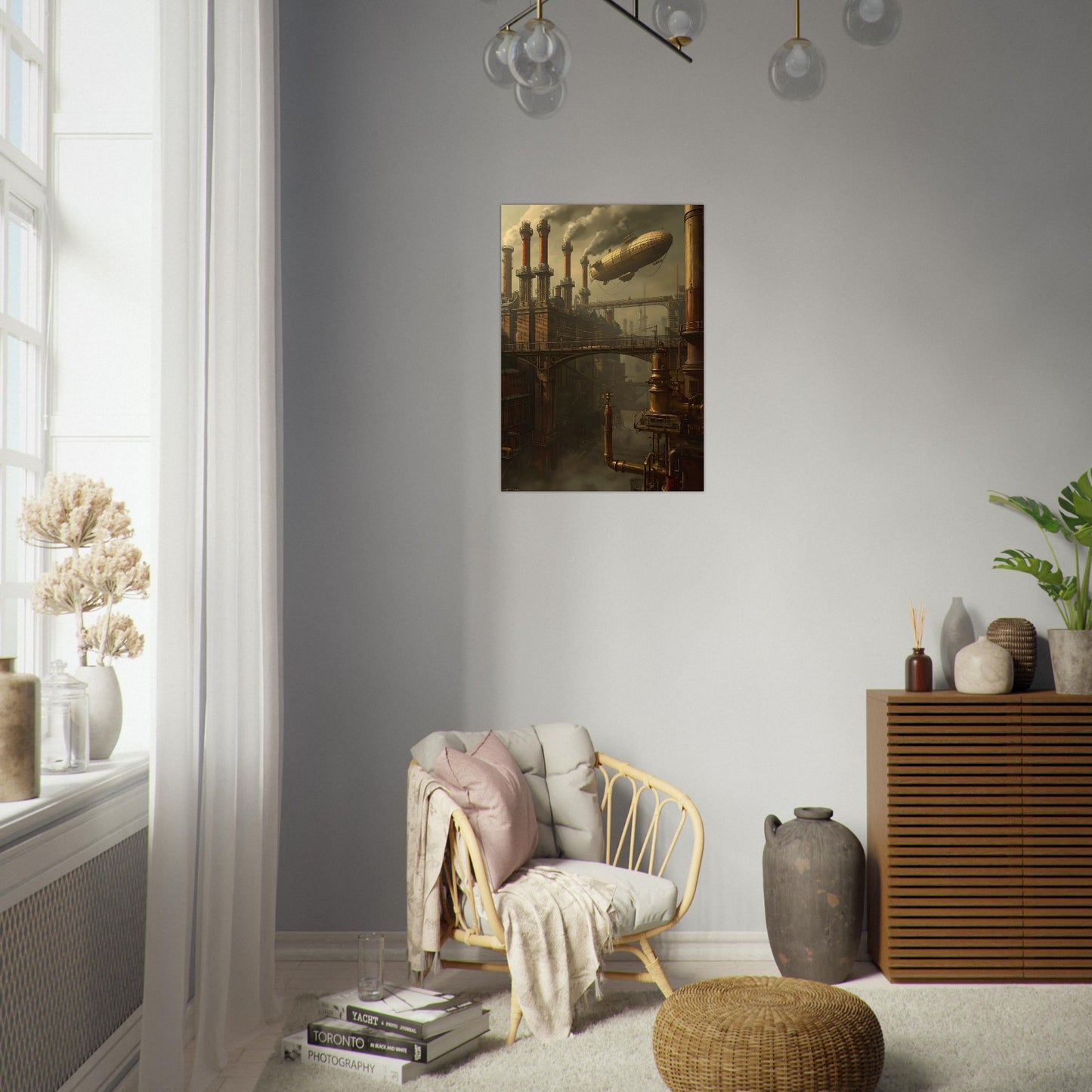Modern living room with a chair, ottoman, and wall art.