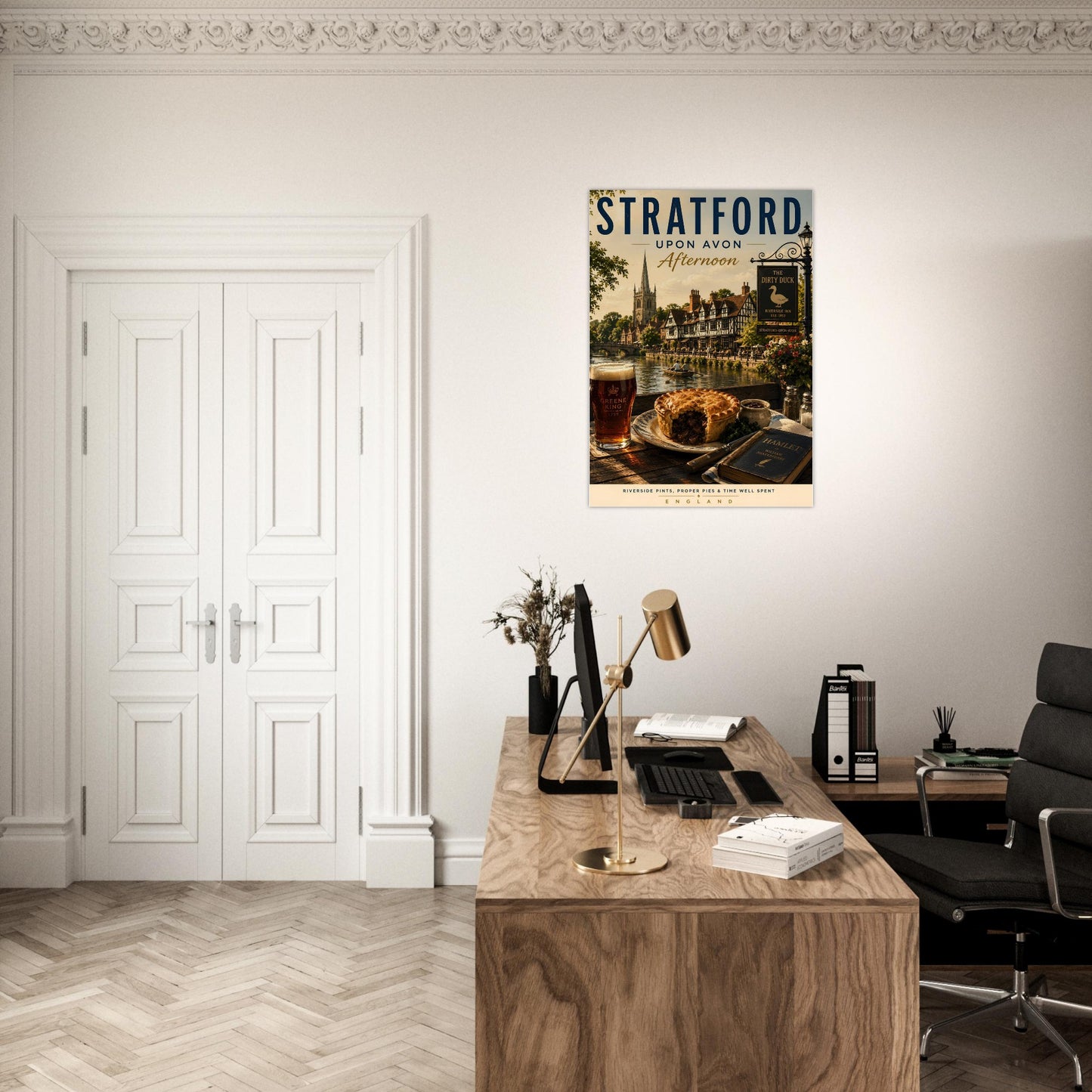 Stratford-upon-Avon Afternoon print displayed above a piano in a stylish home office, featuring Tudor buildings and the River Avon.