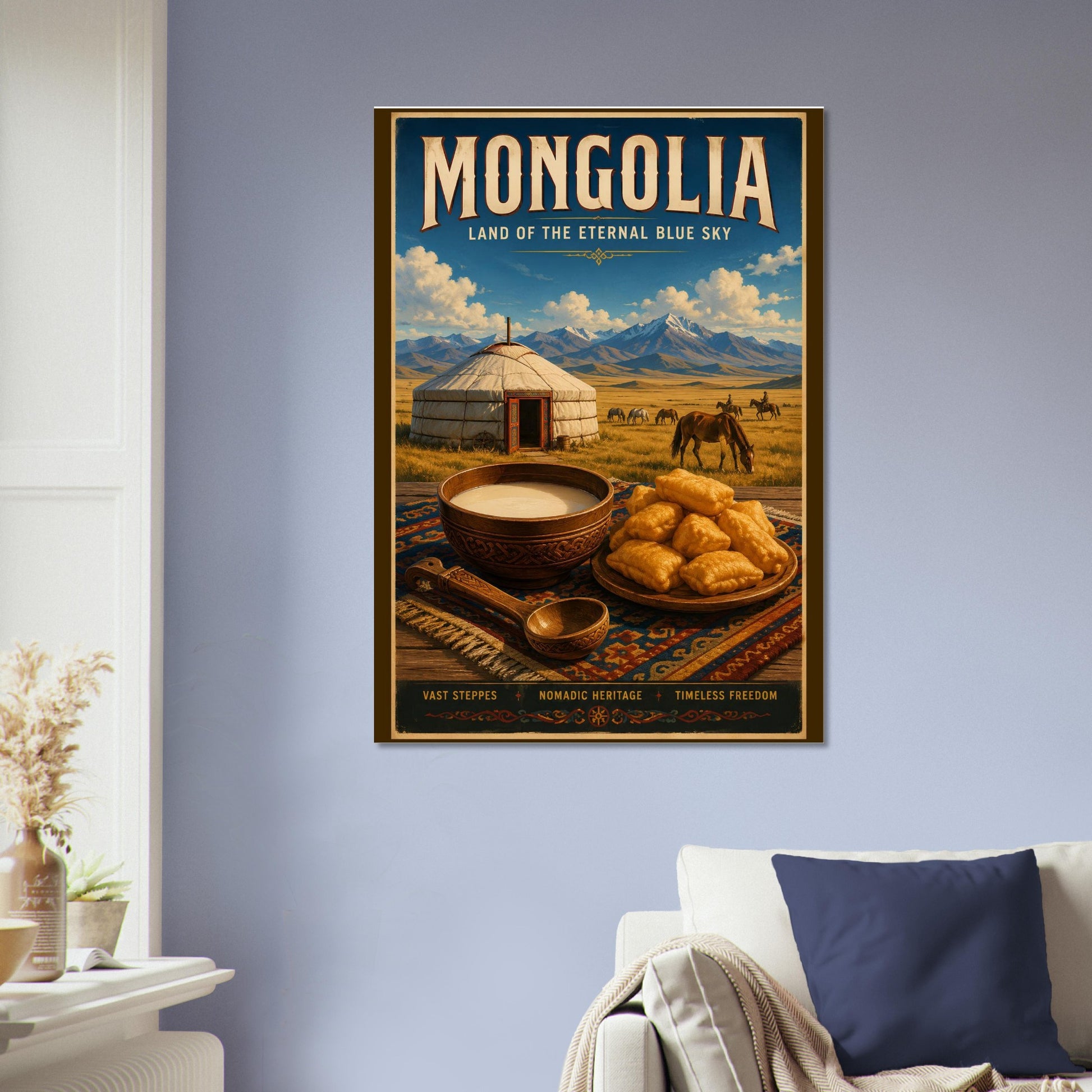 Vintage Mongolia poster displayed on a blue feature wall, highlighting the rich colours of the steppe and Eternal Blue Sky.