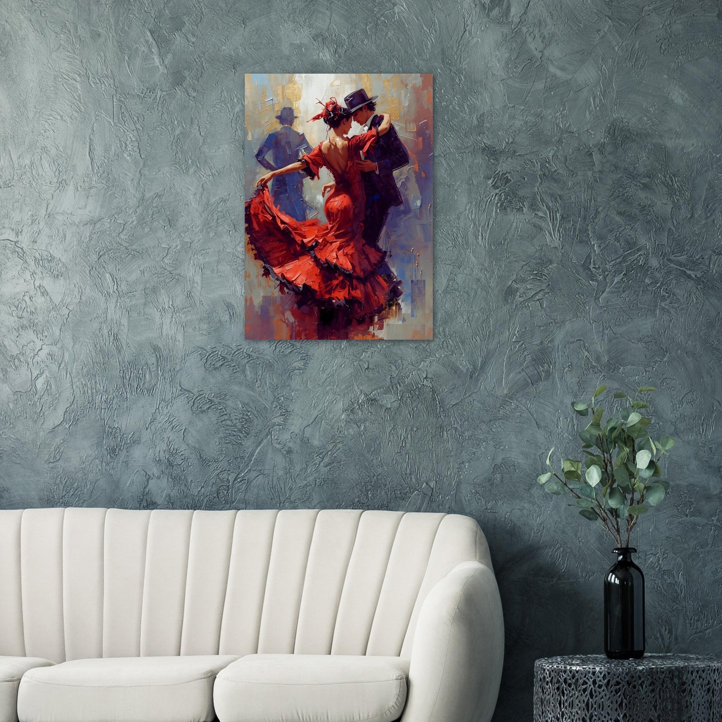 Painting of a couple dancing on a gray wall above a white sofa.
