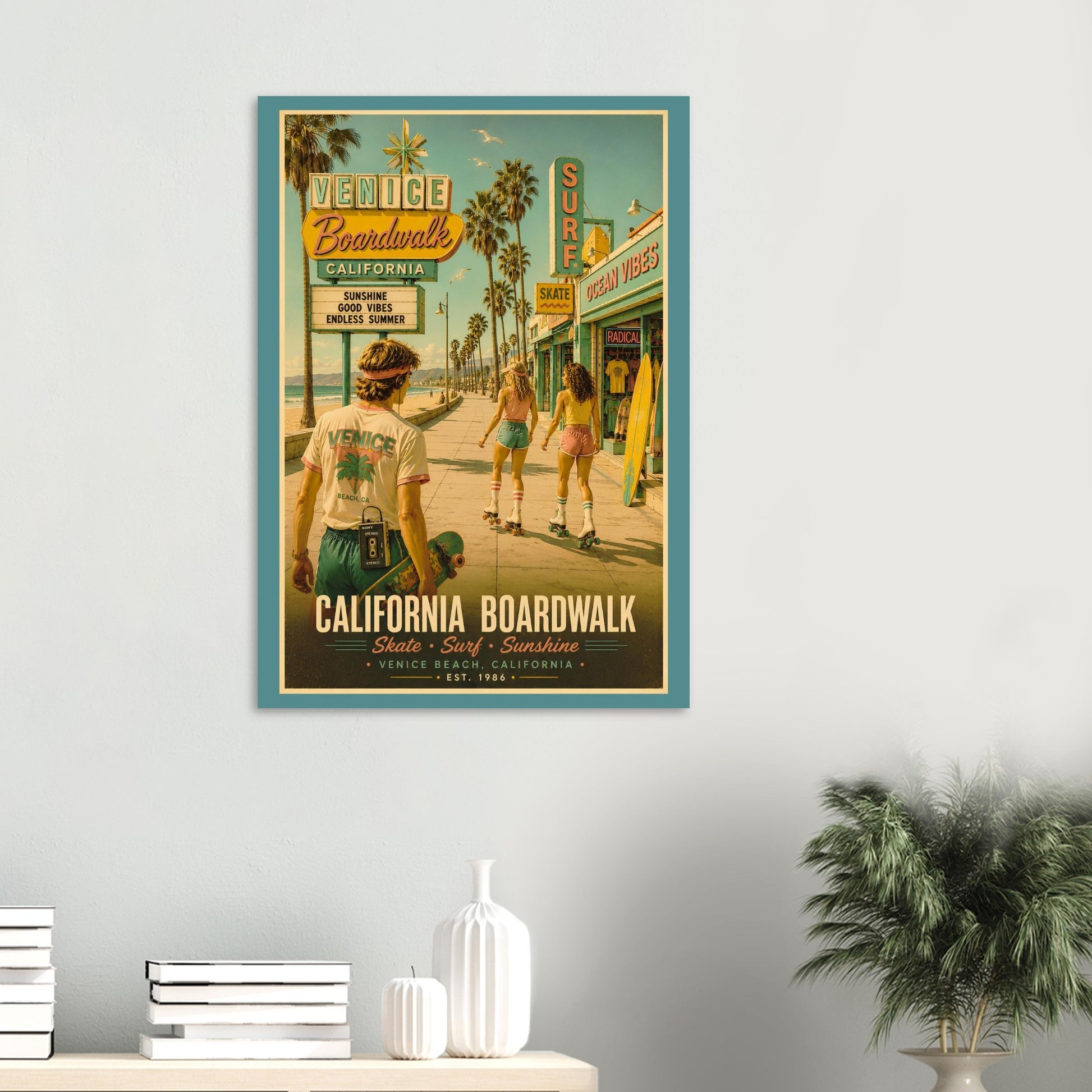 Framed poster of a beach scene with people and palm trees on a wall.