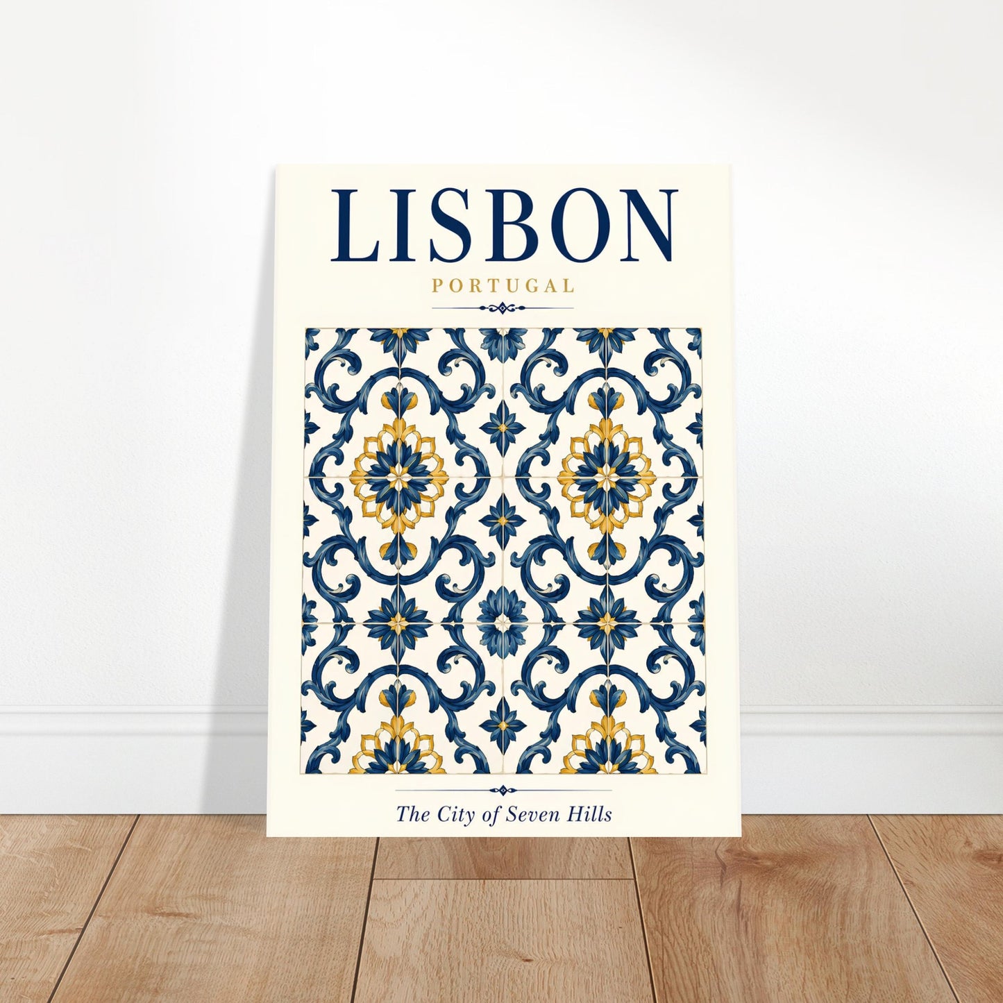 Lisbon travel poster with blue and yellow Portuguese tile design displayed against a light neutral wall and wooden floor.