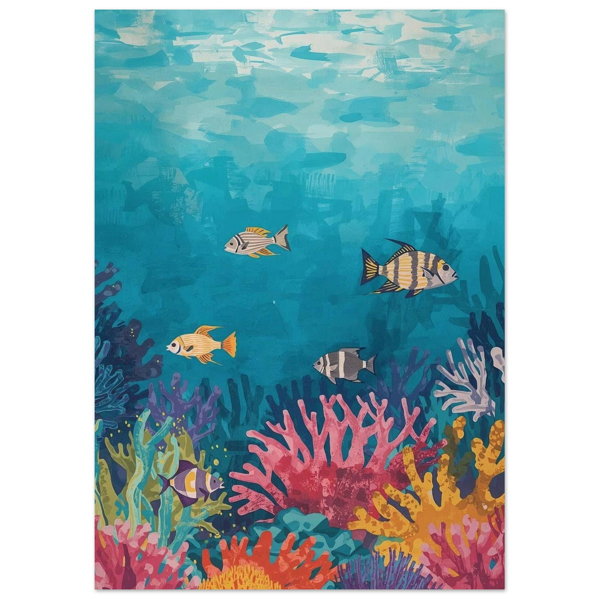 Colorful underwater scene with fish and coral on a blue background