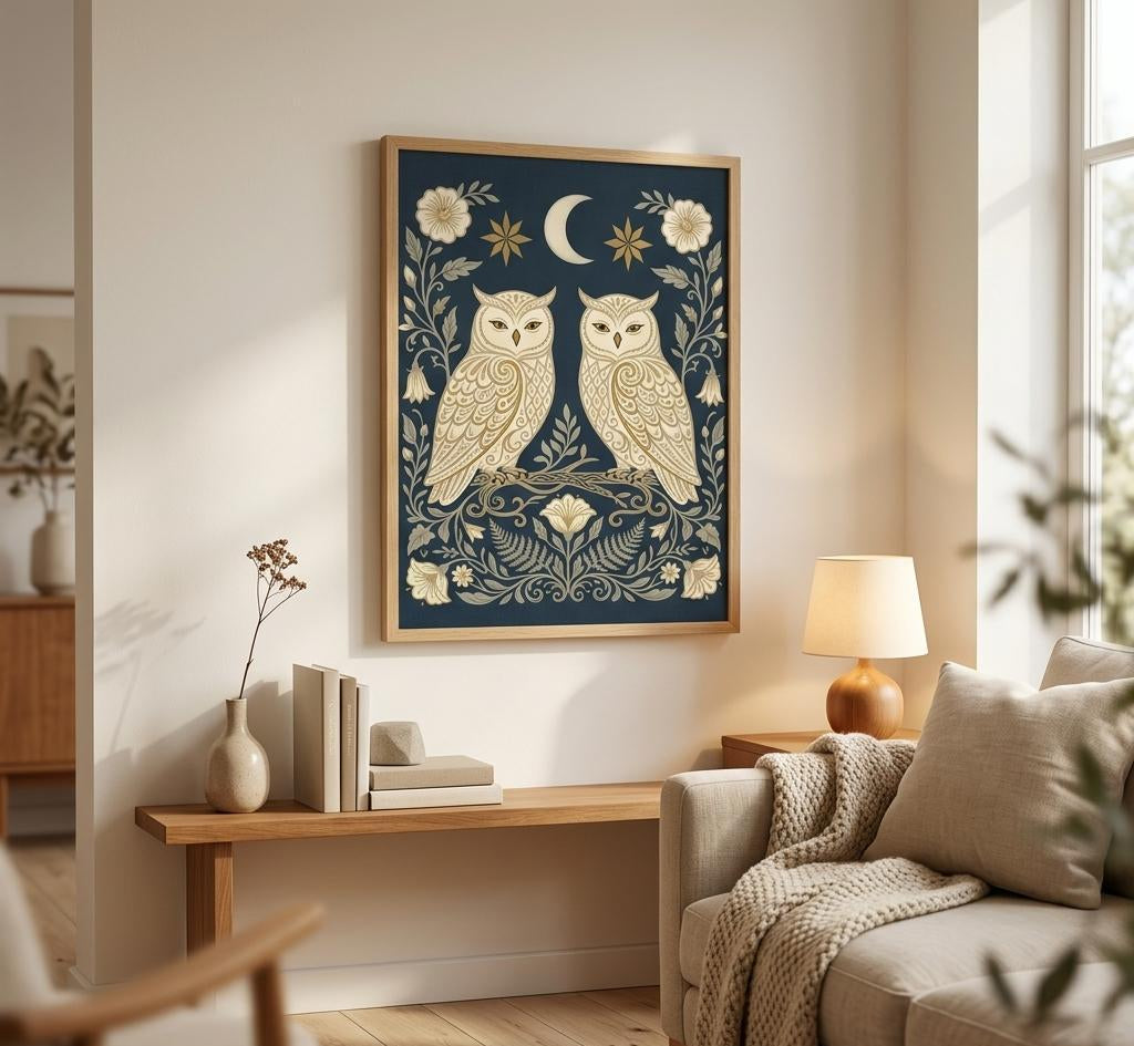 Owls & Moonflowers folk art poster displayed in a cosy living room, featuring two cream owls beneath a crescent moon on a deep navy background.