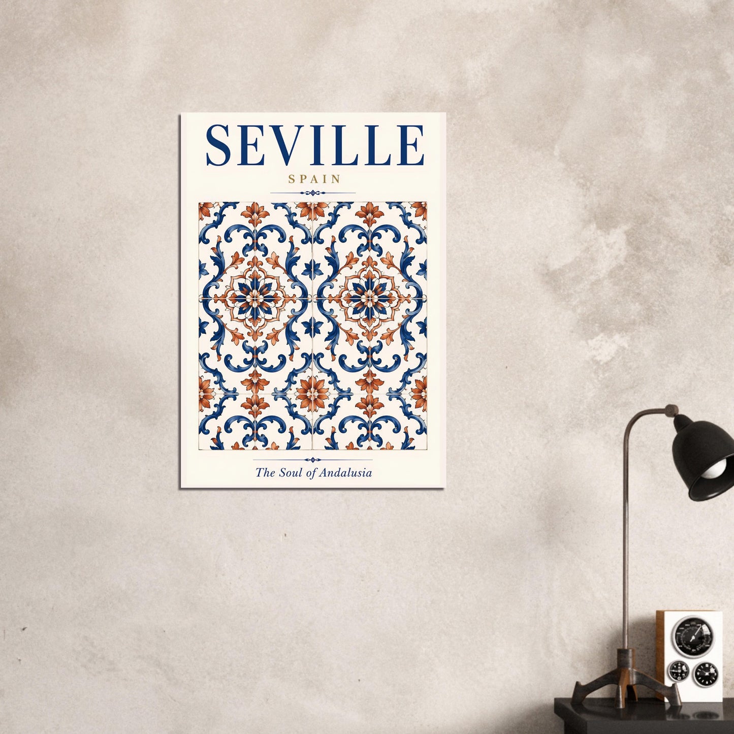 Seville travel poster displayed on a textured neutral wall with minimalist contemporary decor.