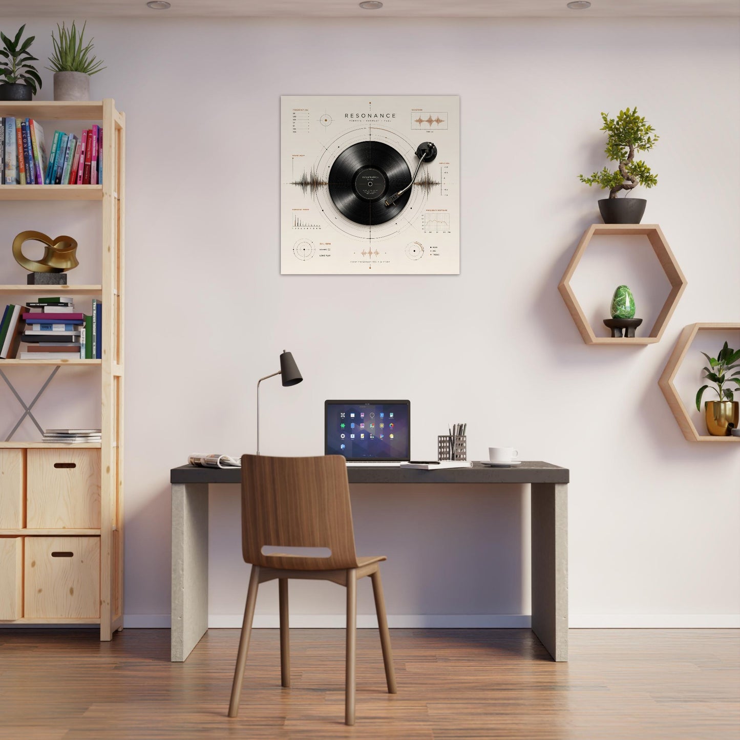 Framed vinyl record wall art displayed above a desk in a bright workspace with shelving and modern Scandinavian décor.