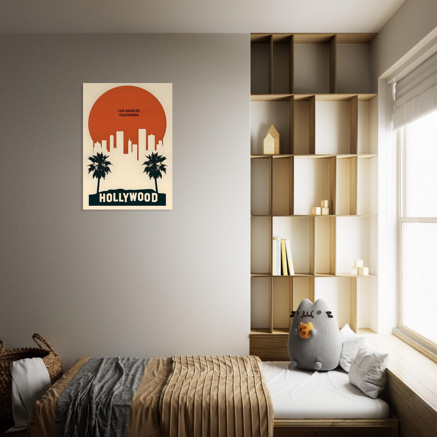 Room interior with a 'Hollywood' poster on the wall, a shelf with books and decor, and a plush toy on a bed.