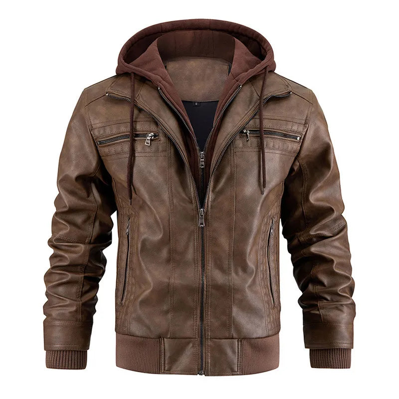 Brown leather jacket with a hood on a white background