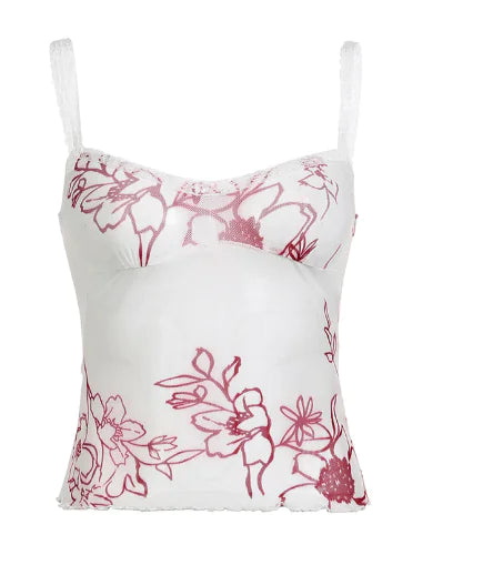 White tank top with red floral patterns on a white background