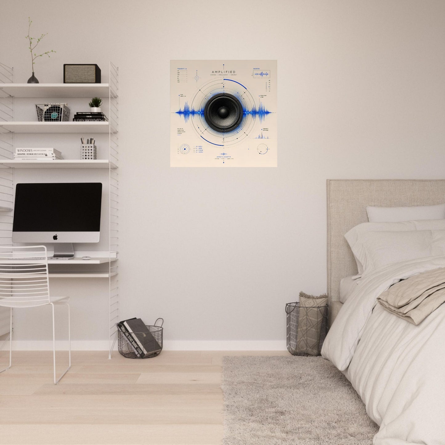 Framed Amplified sound wave poster displayed above a bed in a bright minimalist bedroom with neutral furnishings.