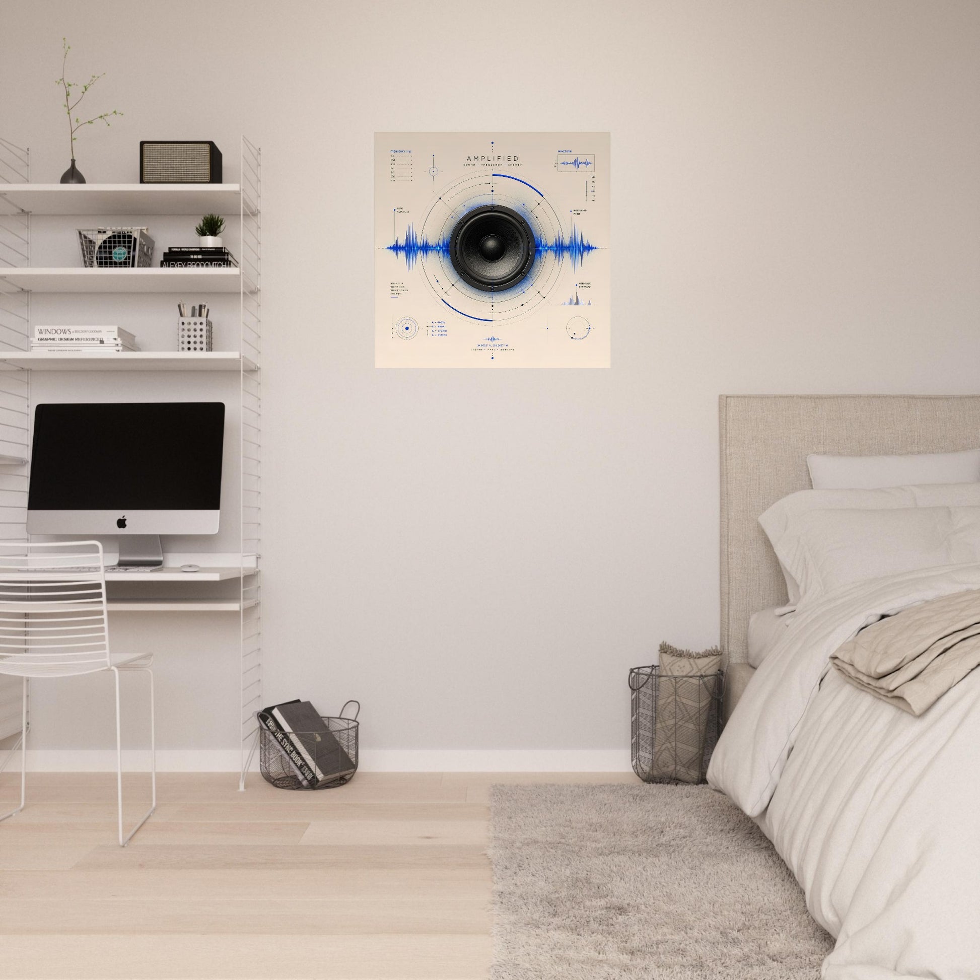 Framed Amplified sound wave poster displayed above a bed in a bright minimalist bedroom with neutral furnishings.