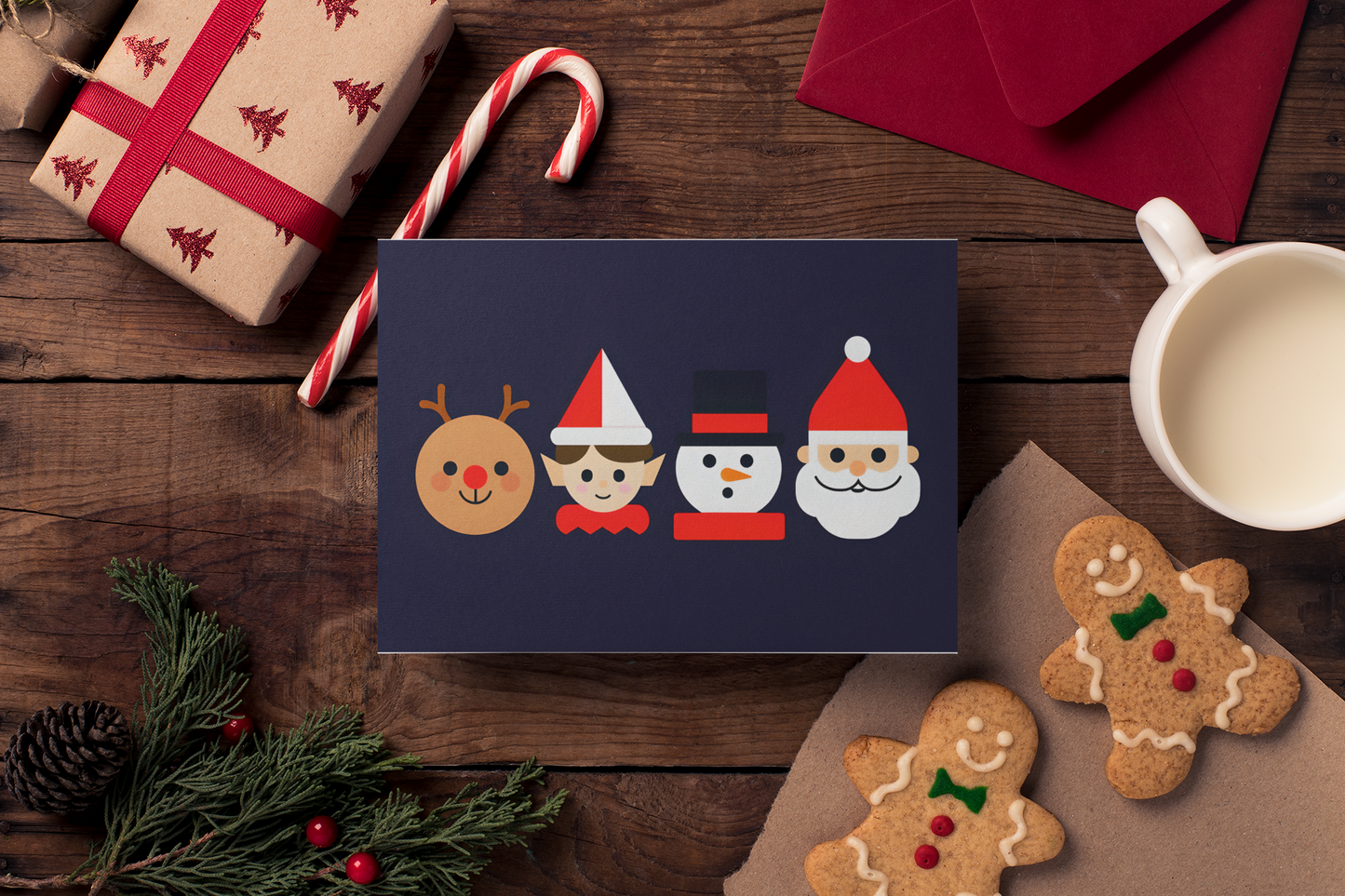 Merry Christmas Greeting Cards pack of 10 featuring reindeer, elf, snowman, and Santa festive design