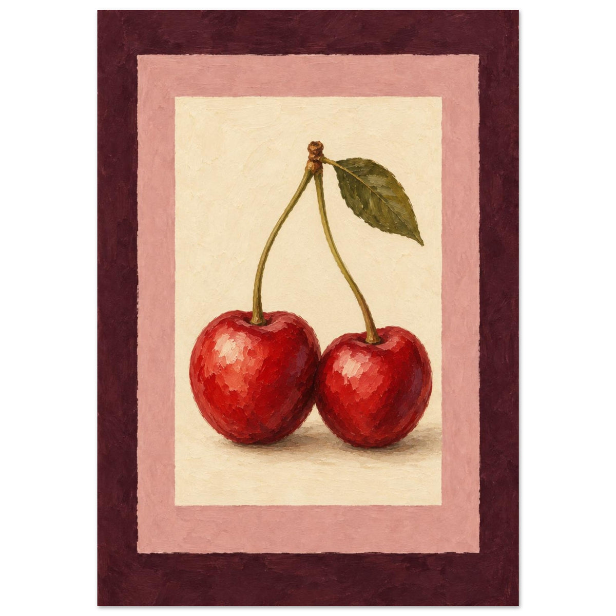 A framed-style art print featuring two red cherries with green stems and leaves on a cream background, surrounded by pink and dark burgundy borders.