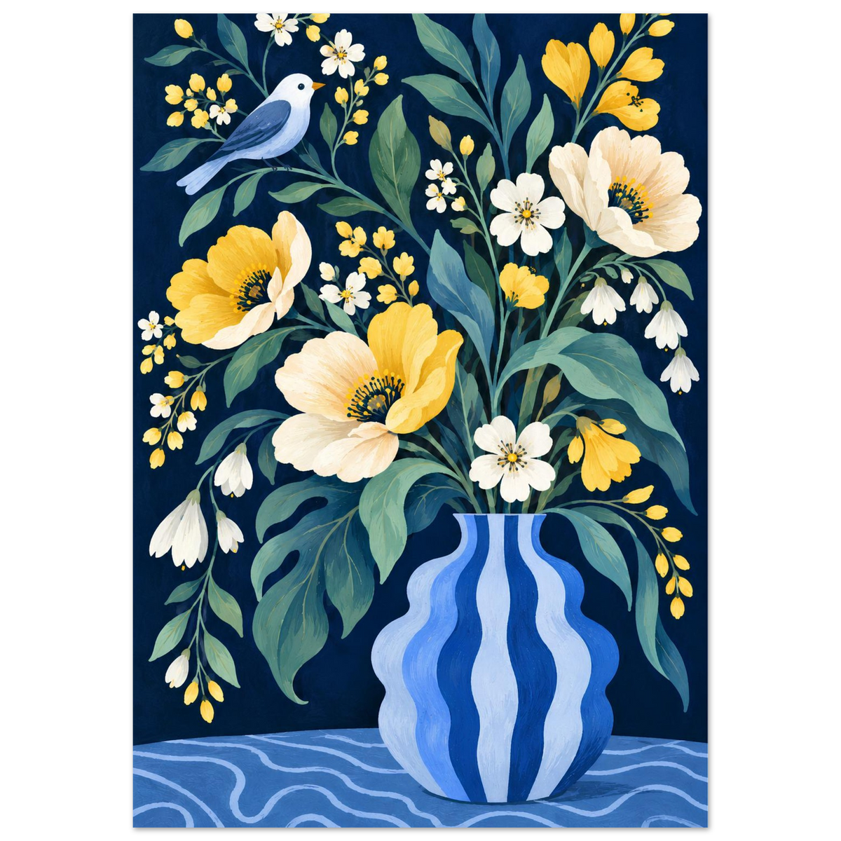 A vertical art print featuring a floral still life: yellow and white flowers with green leaves in a blue-and-white striped vase, plus a small blue bird on a dark navy background.