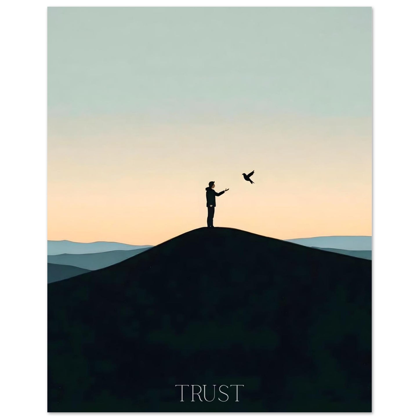 Silhouette of a person on a hill with a bird, set against a gradient sky with 'TRUST' at the bottom.