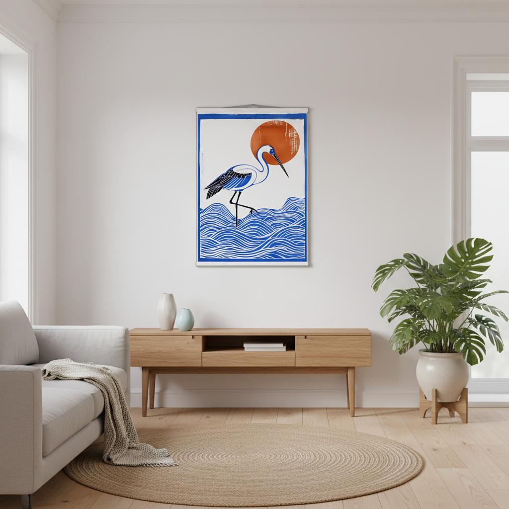 Living room with a framed artwork of a crane on water, a wooden console table, and a plant.