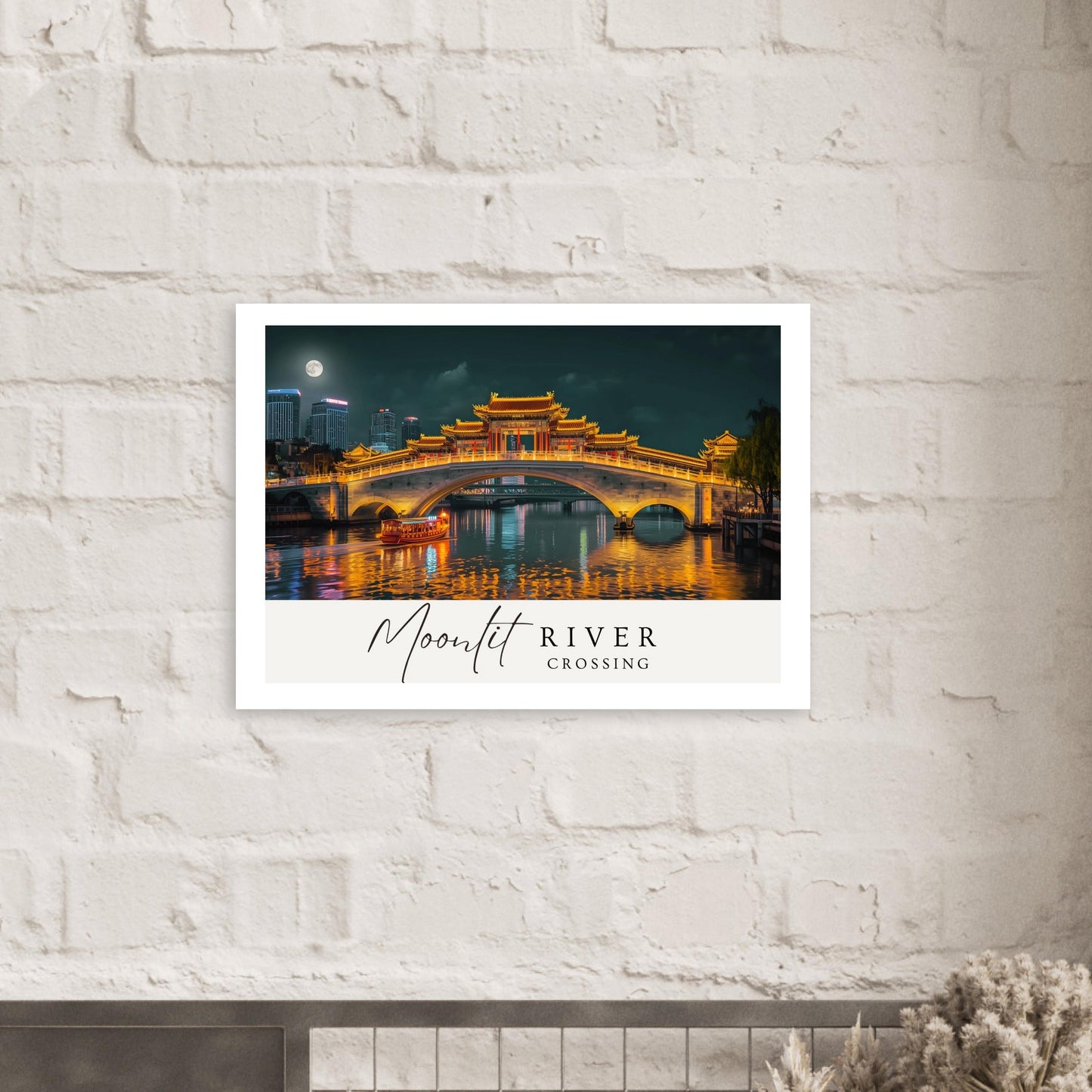 Moonlit River Crossing Poster | Illuminated Bridge Night Scene | Modern Landscape Wall Art Print