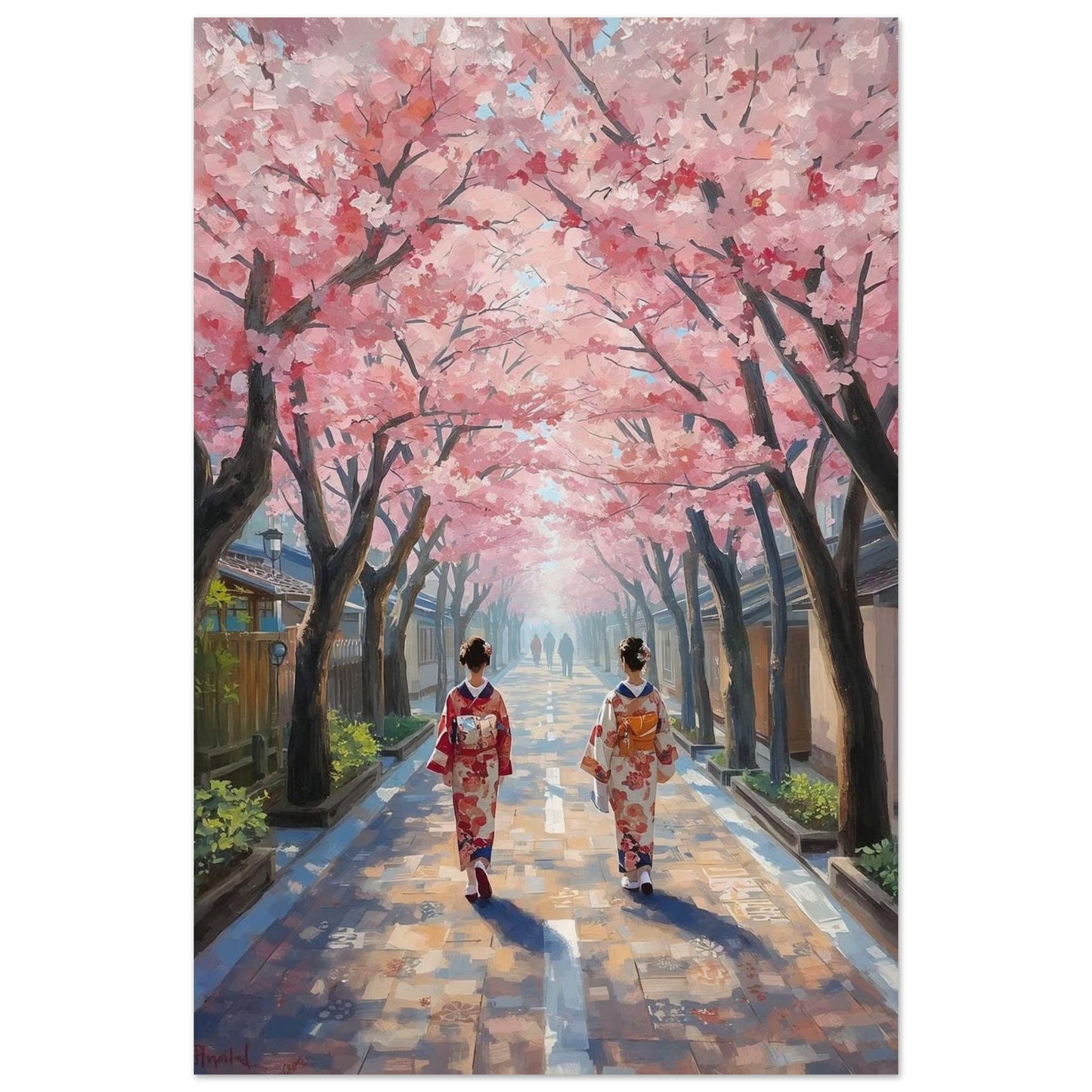 Poster of Two women in traditional Japanese kimono walking under cherry blossom trees.