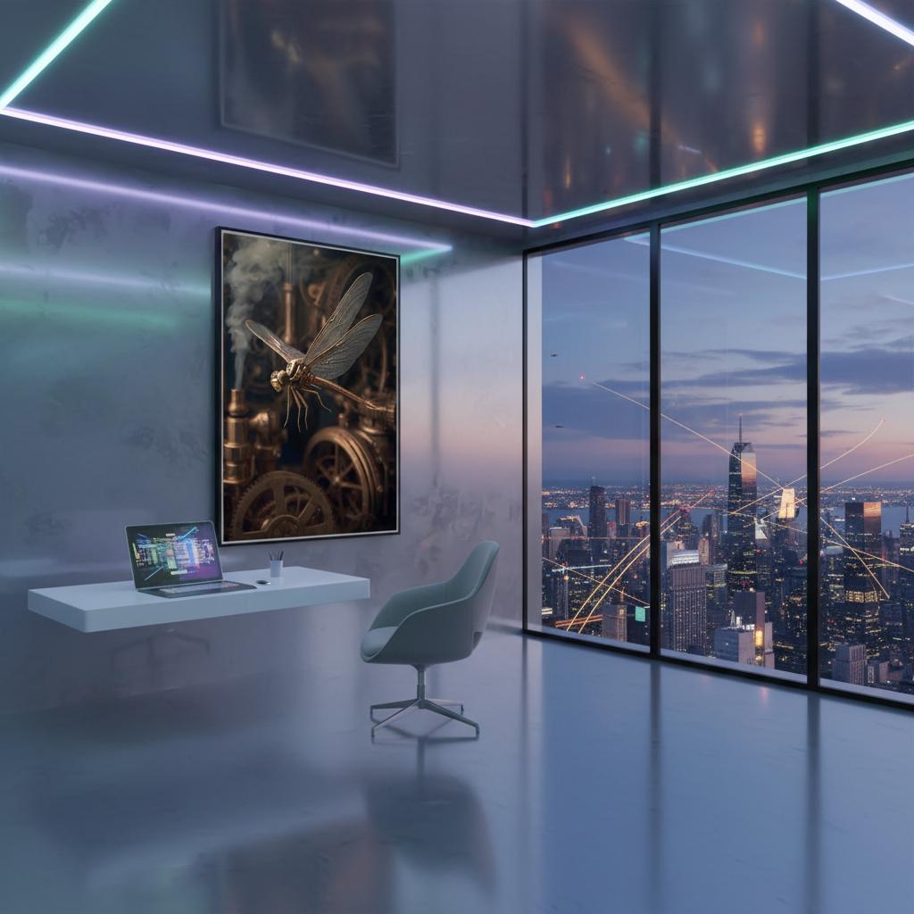 Modern office with cityscape view, desk, and artwork.