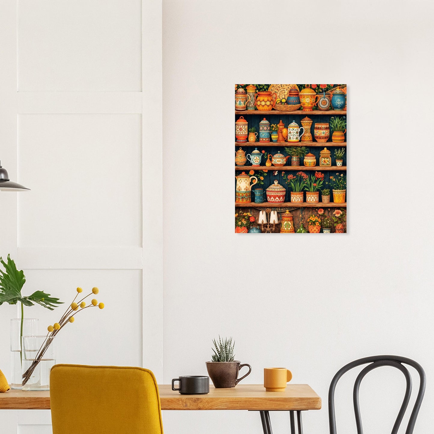 Decorative wall art of a colorful shelf with pots and plants in a room with a table and chairs.