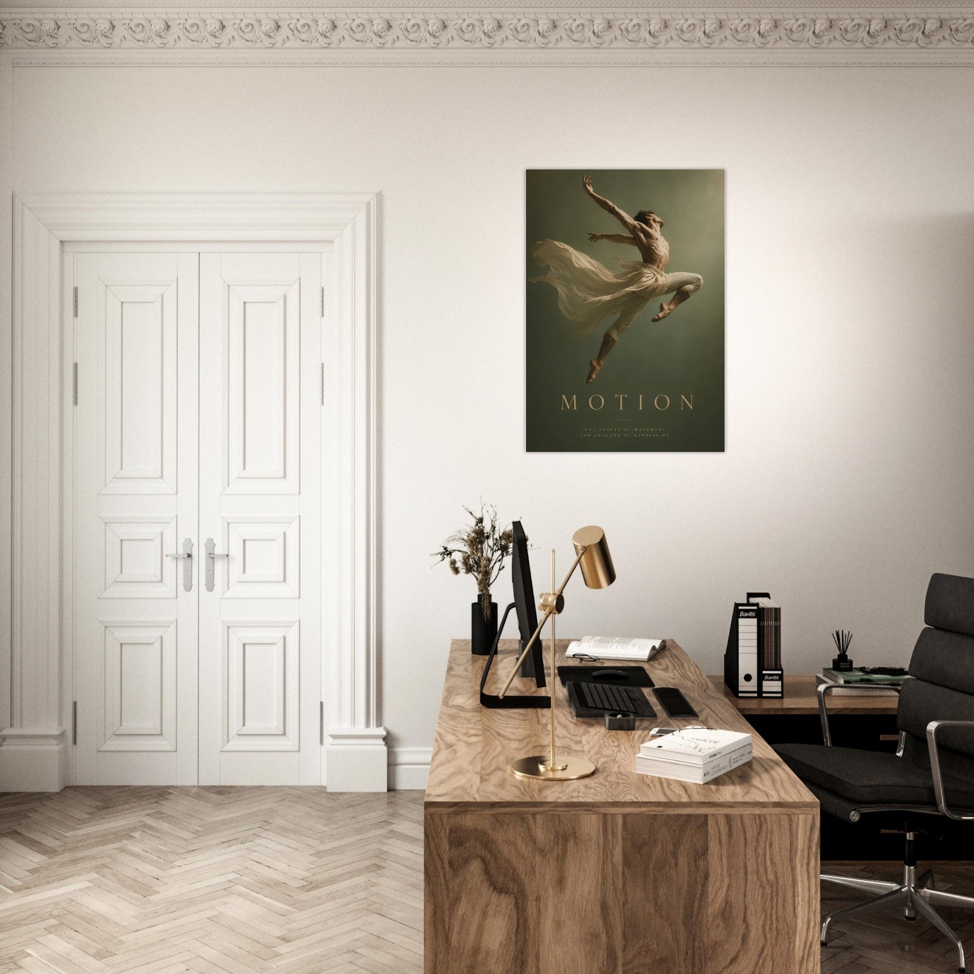 Motion artistic dance print displayed above a desk in a contemporary home office with creative shelving and décor.