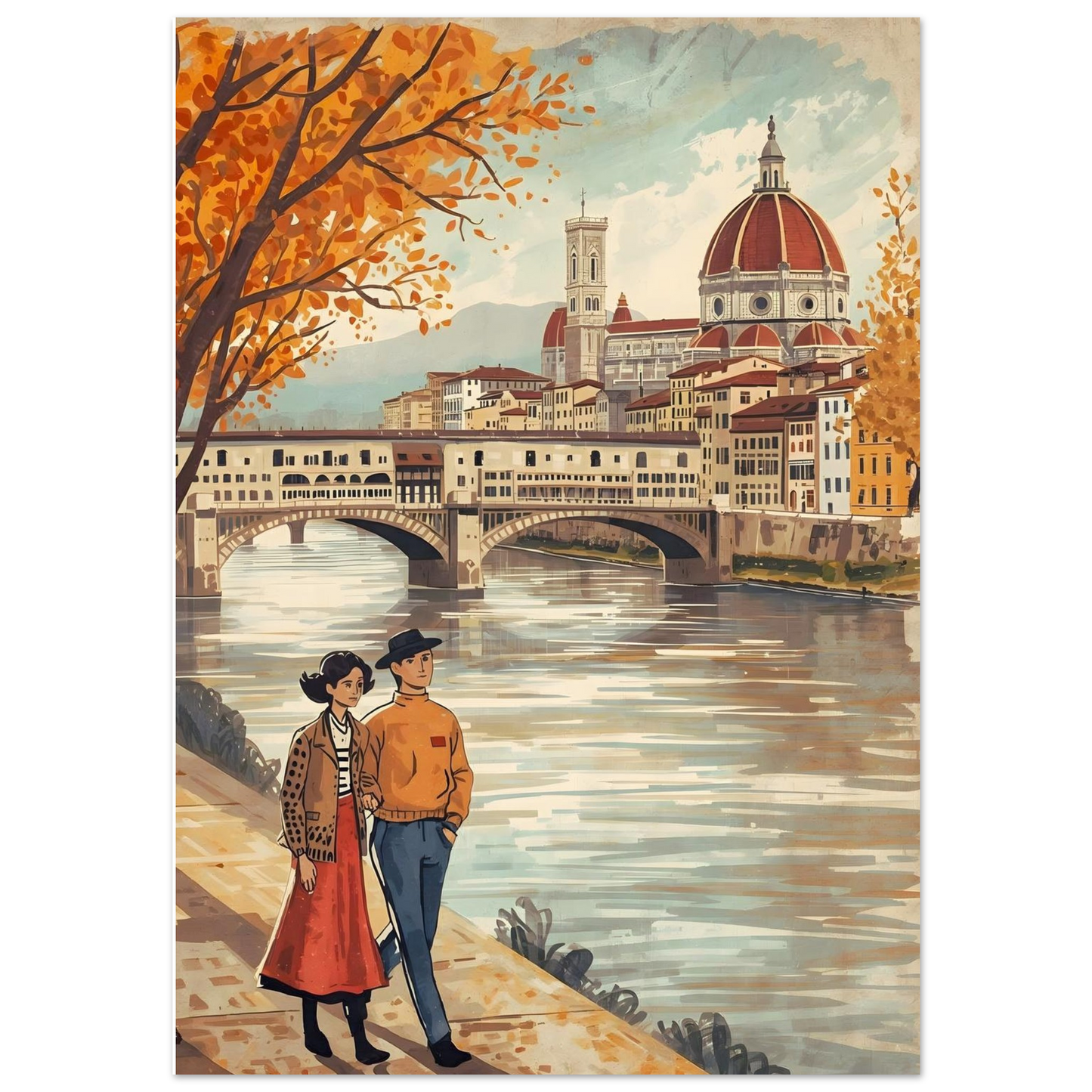Florence folk art wall print featuring a couple walking beside the Arno River with the Duomo skyline in warm autumn tones