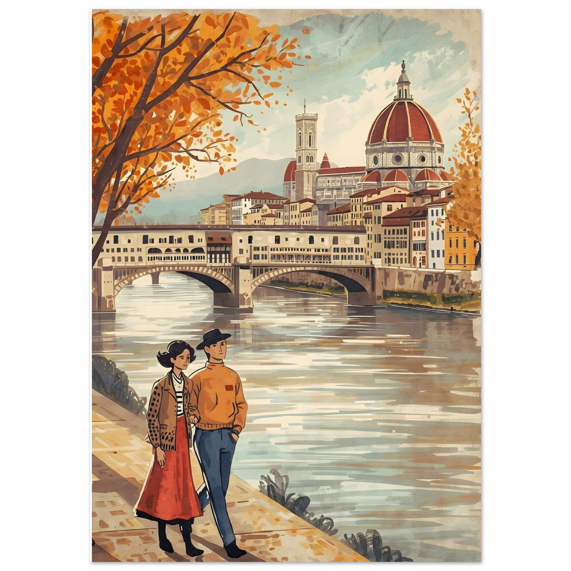 Florence folk art wall print featuring a couple walking beside the Arno River with the Duomo skyline in warm autumn tones
