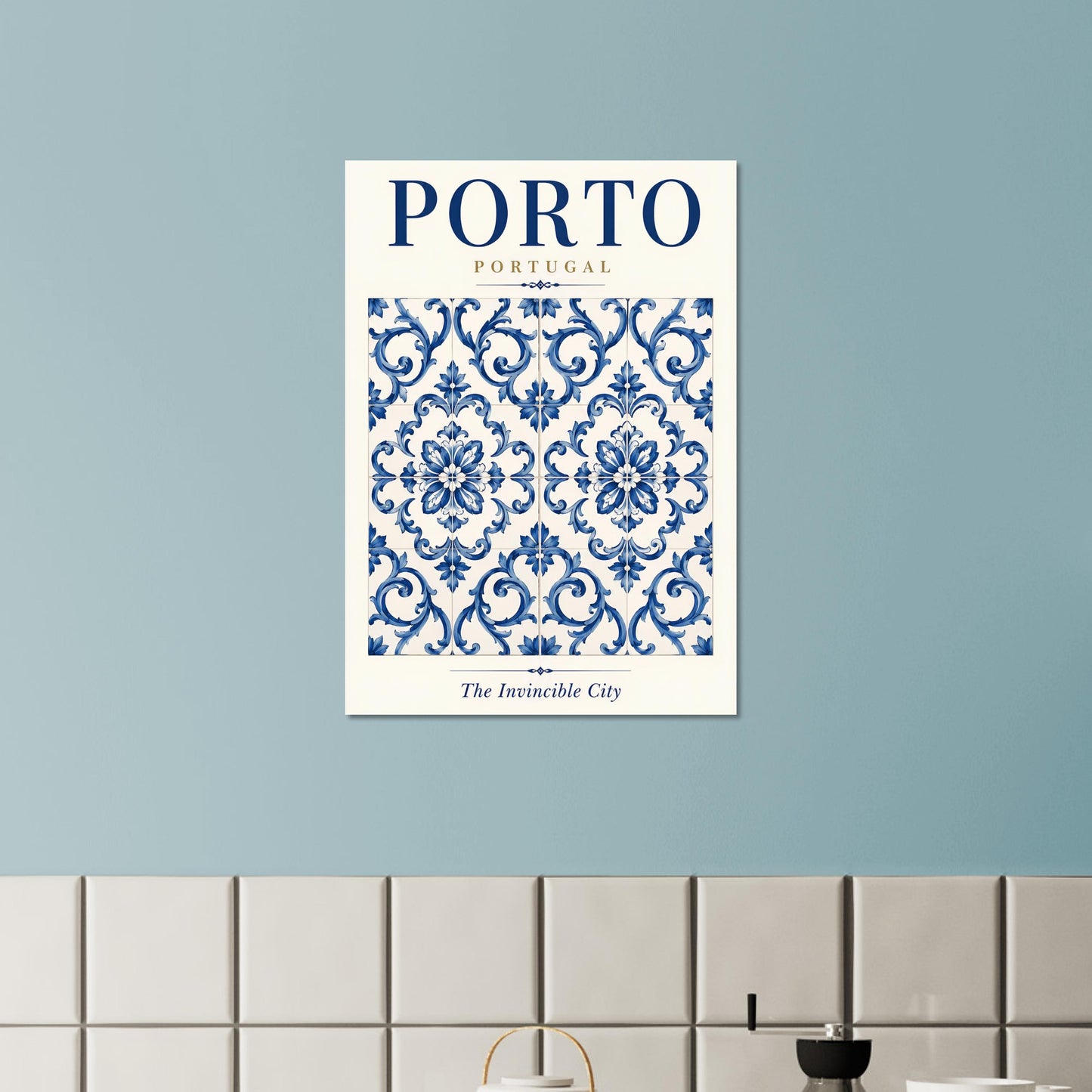 Porto azulejo tile poster displayed against a soft blue wall in a modern interior.