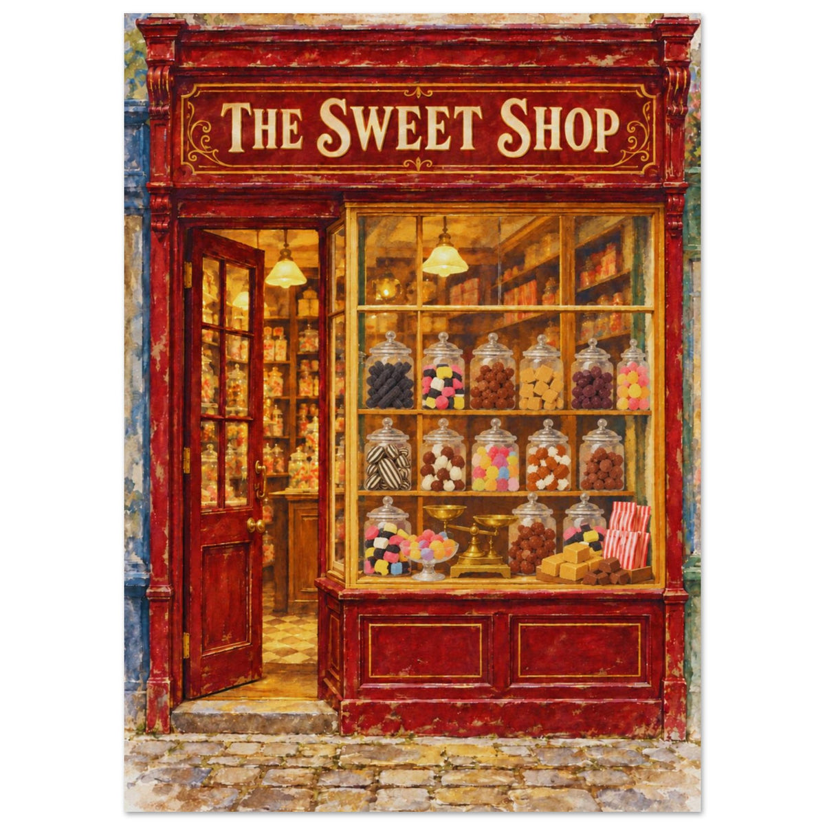 A square art print depicting a vintage candy shop storefront with the sign 'THE SWEET SHOP' above a red wooden door and large display windows filled with glass jars of sweets and candies.