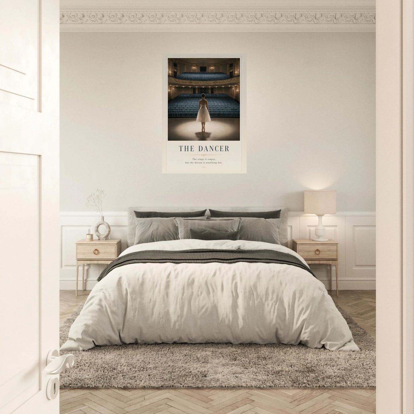 The Dancer fine art photography print displayed above a bed in a calm contemporary bedroom.