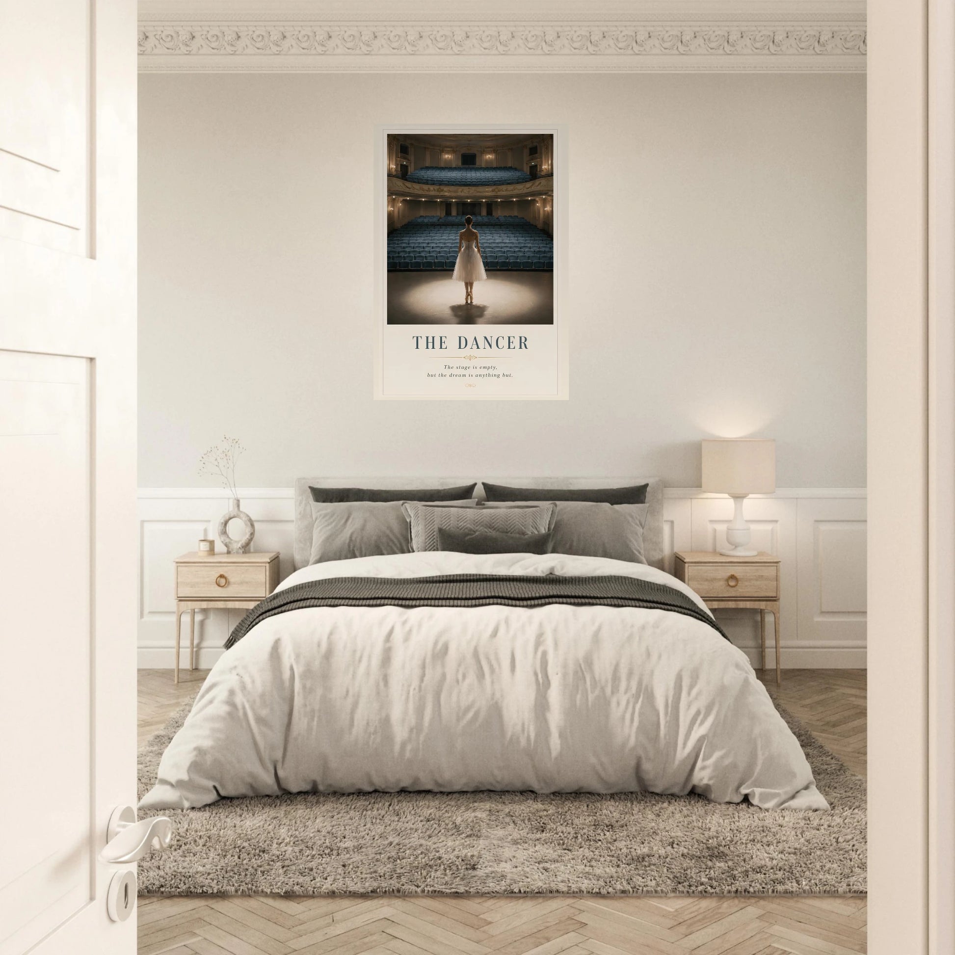 The Dancer fine art photography print displayed above a bed in a calm contemporary bedroom.