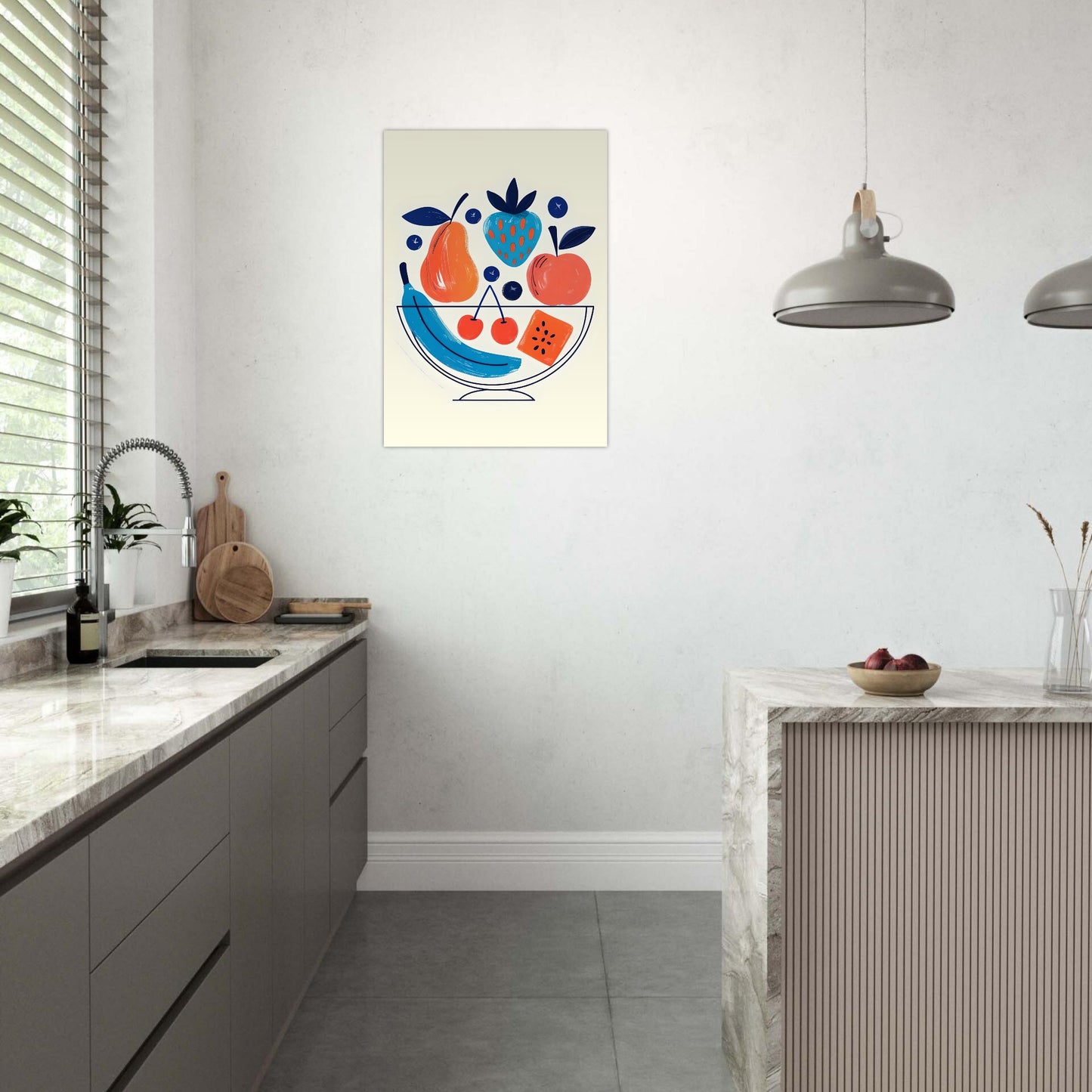 Kitchen interior with a colorful fruit painting on the wall