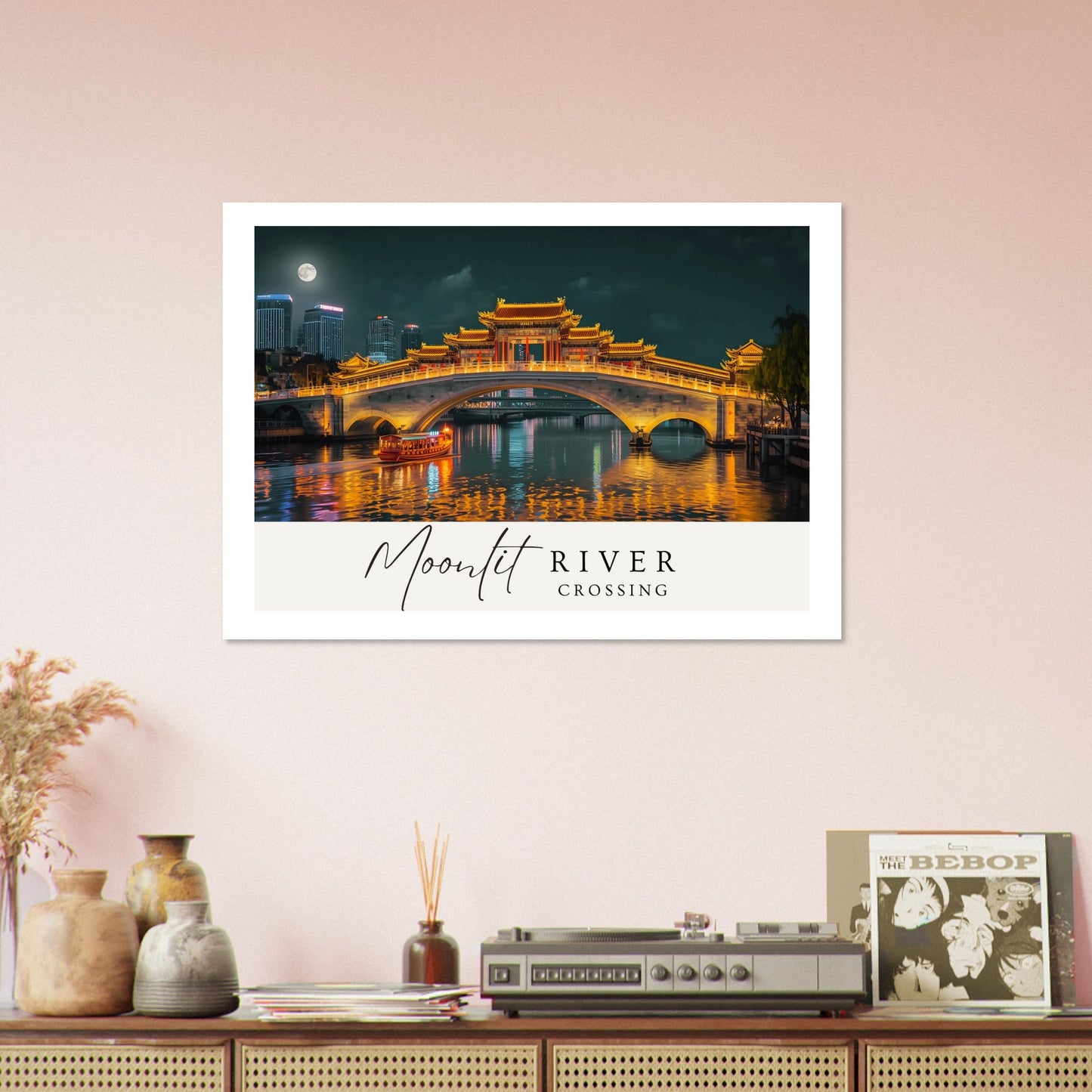 Moonlit River Crossing Poster | Illuminated Bridge Night Scene | Modern Landscape Wall Art Print