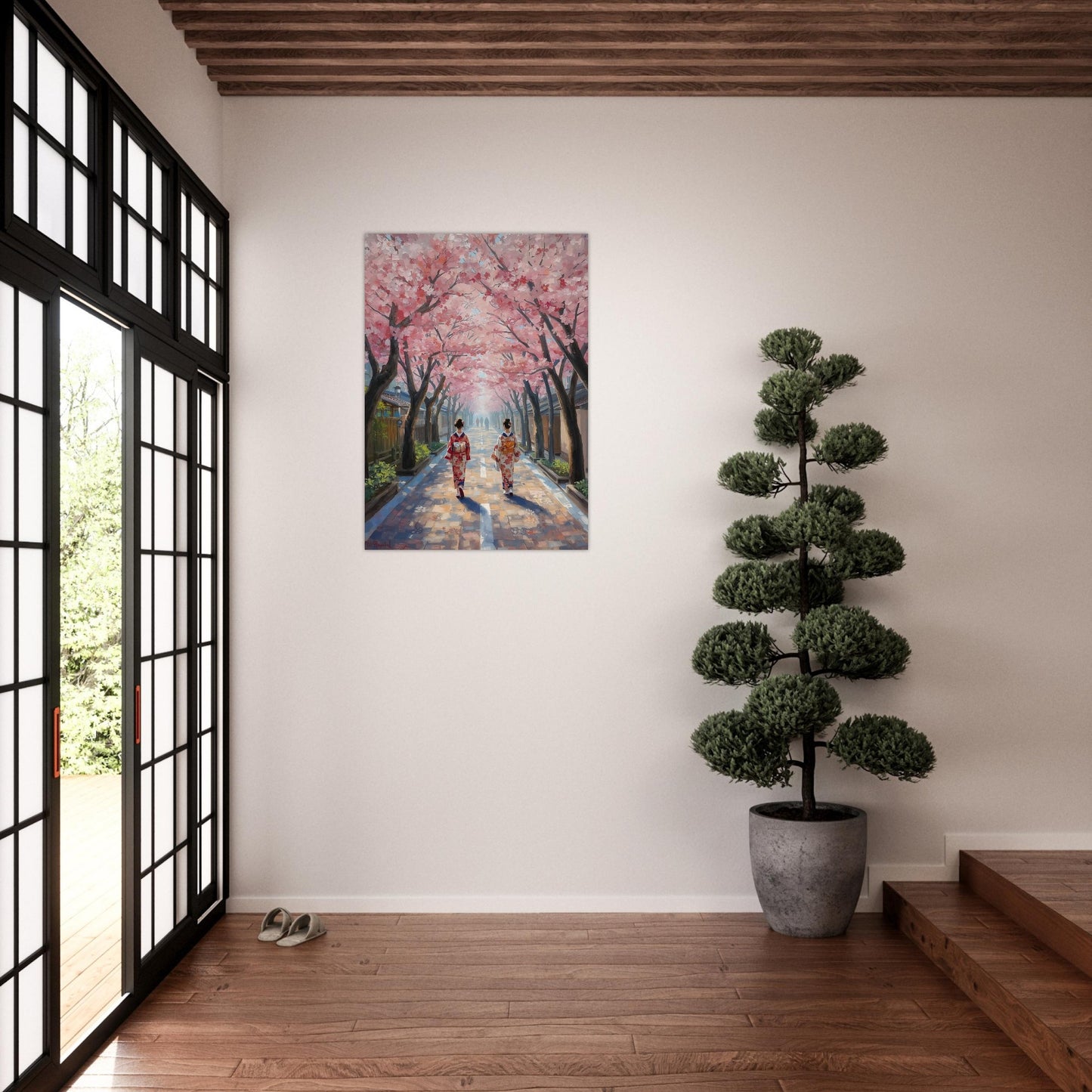 Sakura street poster with kimono women displayed on a wall  in a minimalist settin