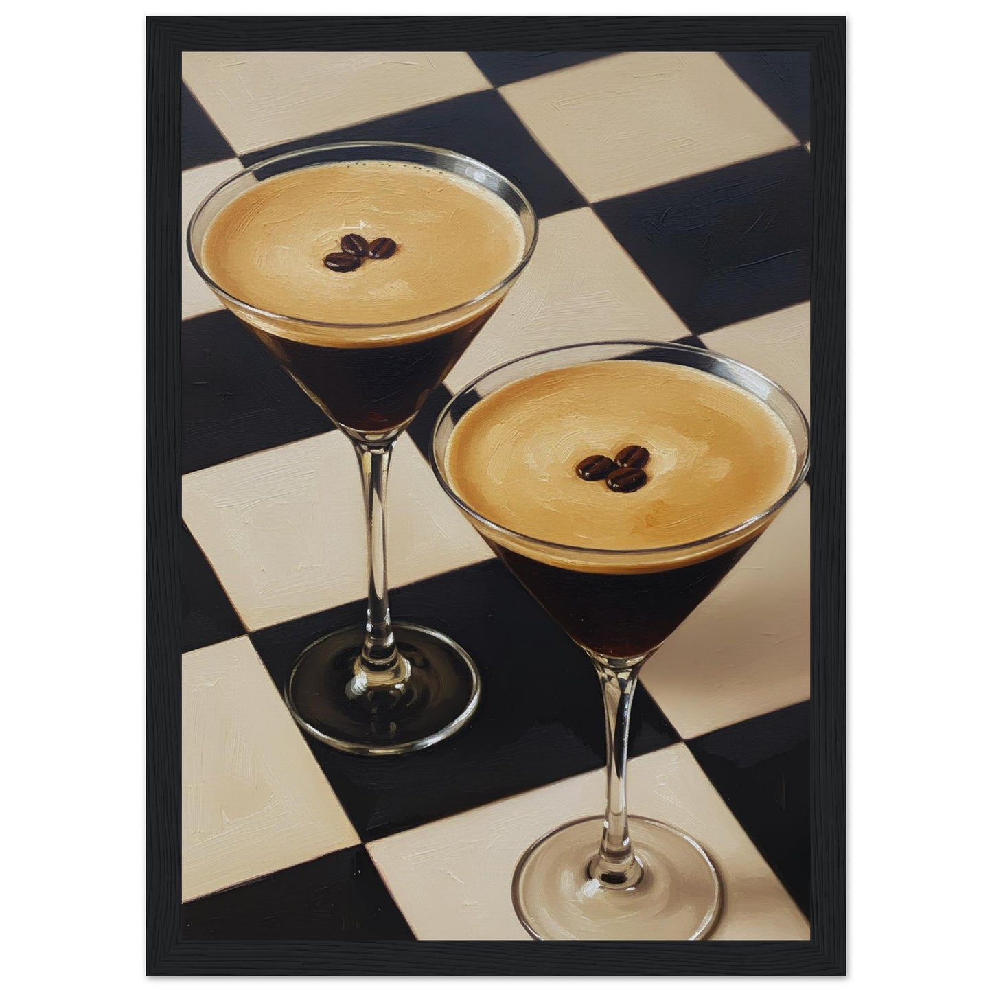 Framed Espresso Martini print featuring two classic cocktails with rich coffee tones and a geometric checkerboard pattern.