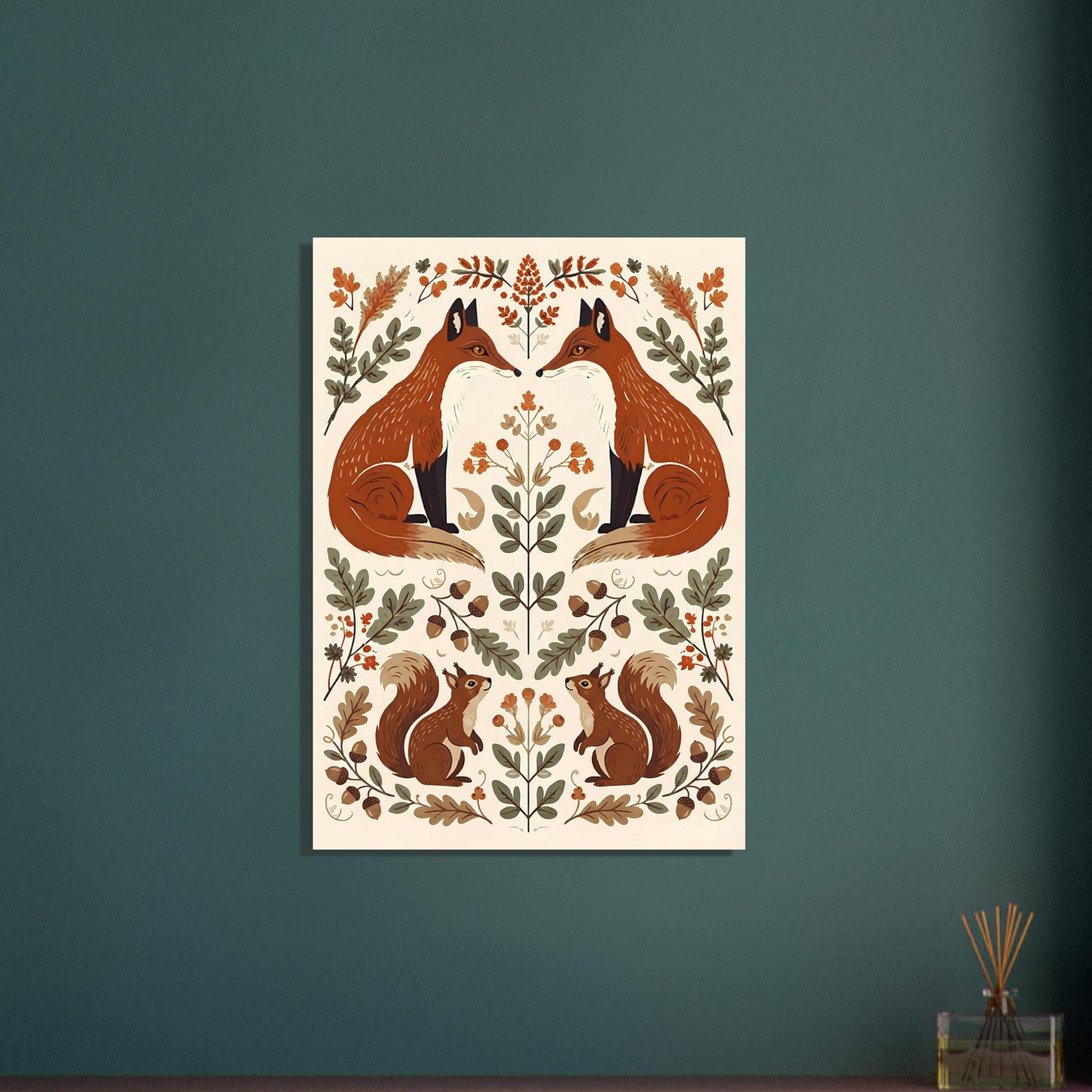 Foxes & Ferns poster displayed on a dark green feature wall, creating a striking contrast with the cream background and rust foxes.
