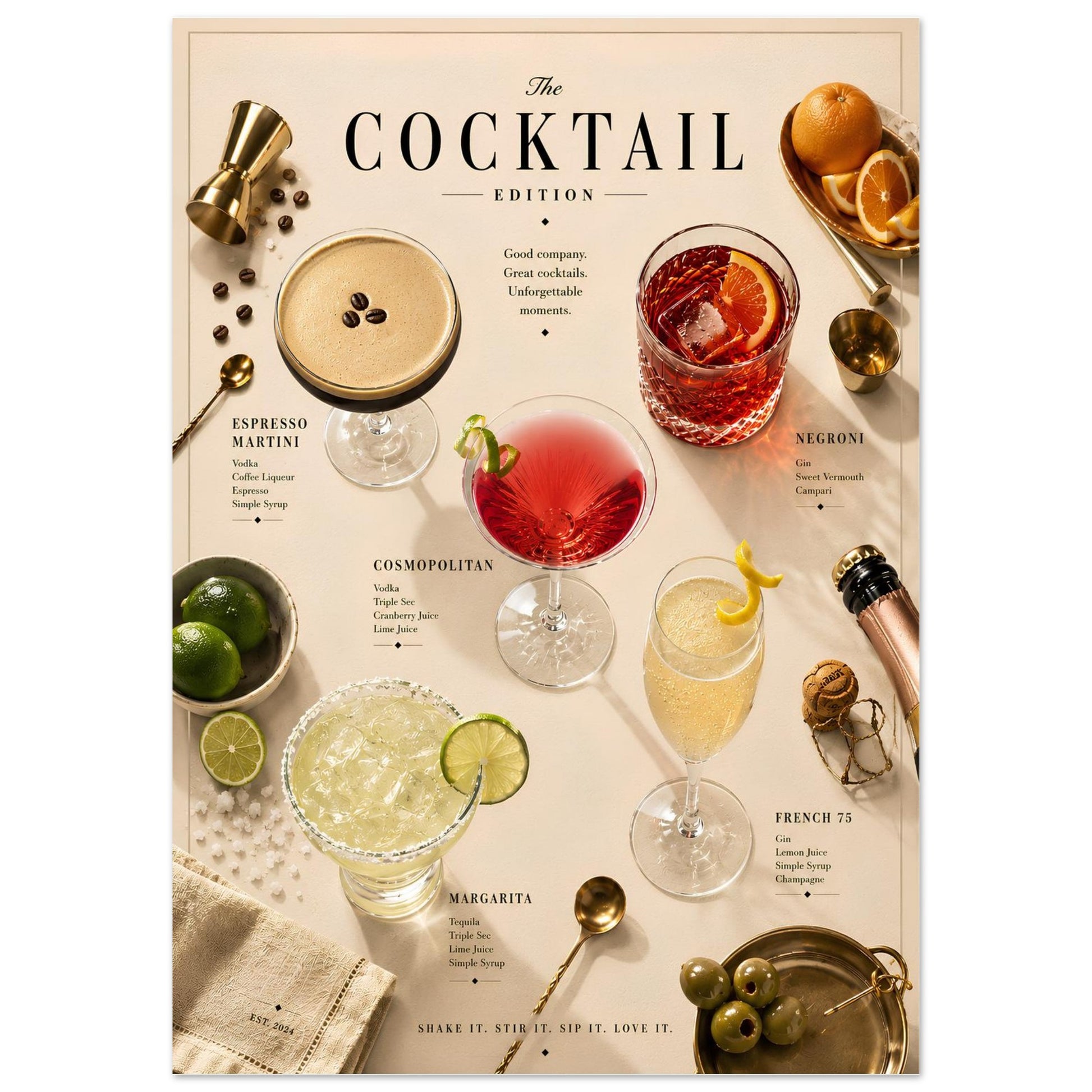 Cocktail Edition Poster close-up featuring Espresso Martini, Negroni, Cosmopolitan, Margarita and French 75 in an editorial-style layout.