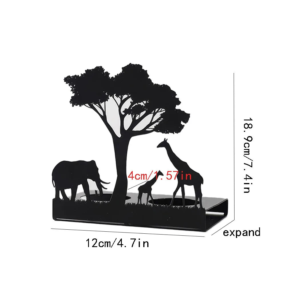 Silhouette of animals and a tree with dimensions on a white background