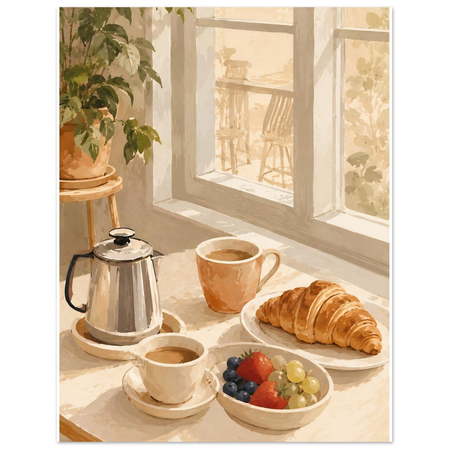 Close-up of watercolour breakfast wall art featuring coffee cups, croissant and fruit in soft morning light