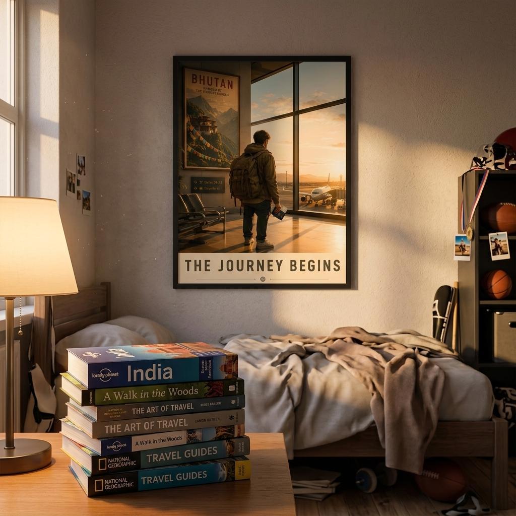The Journey Begins backpacker airport poster styled above a bedside table with books and travel-inspired bedroom décor.