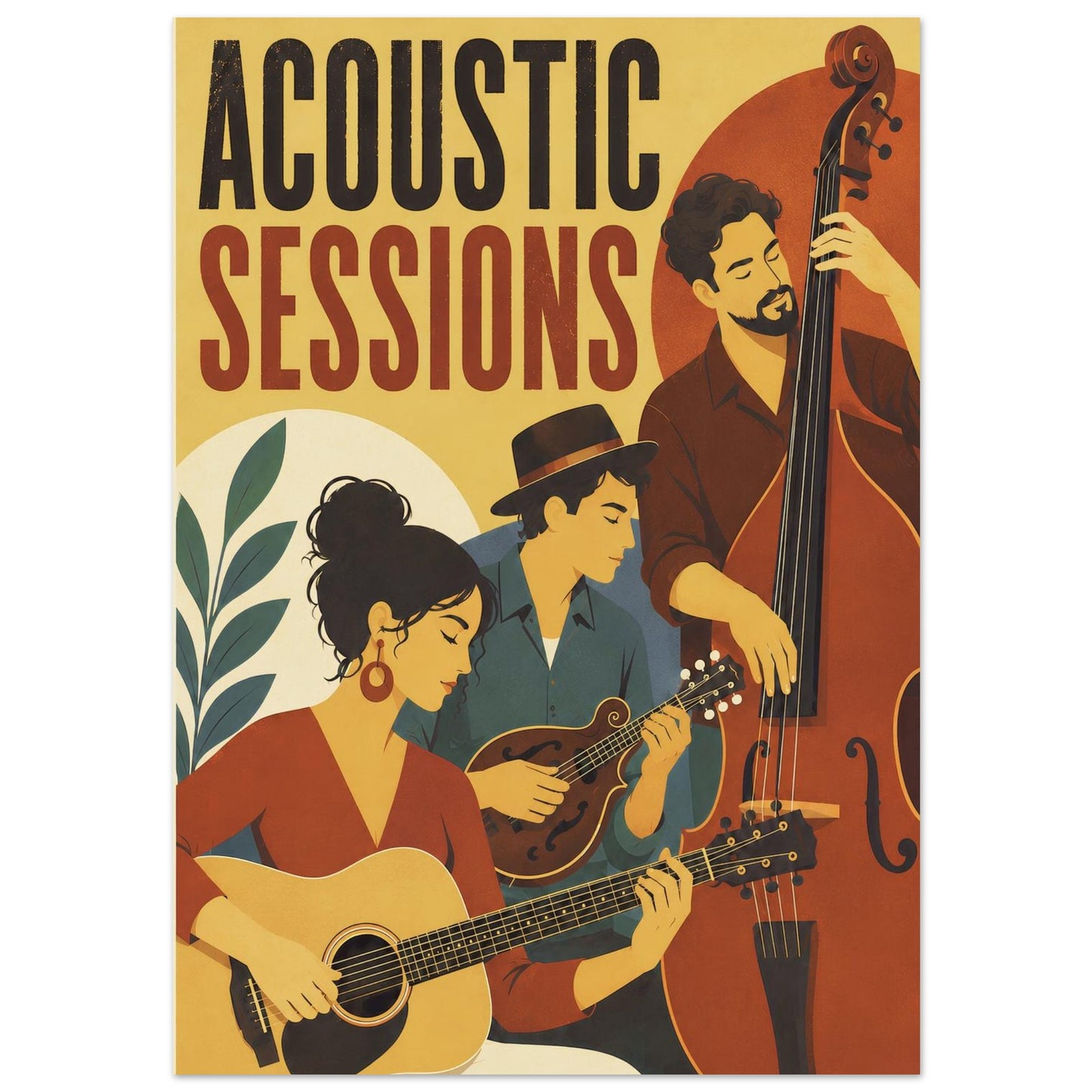 Close-up of the Acoustic Sessions wall art featuring three stylised musicians playing acoustic guitar, mandolin and upright double bass.