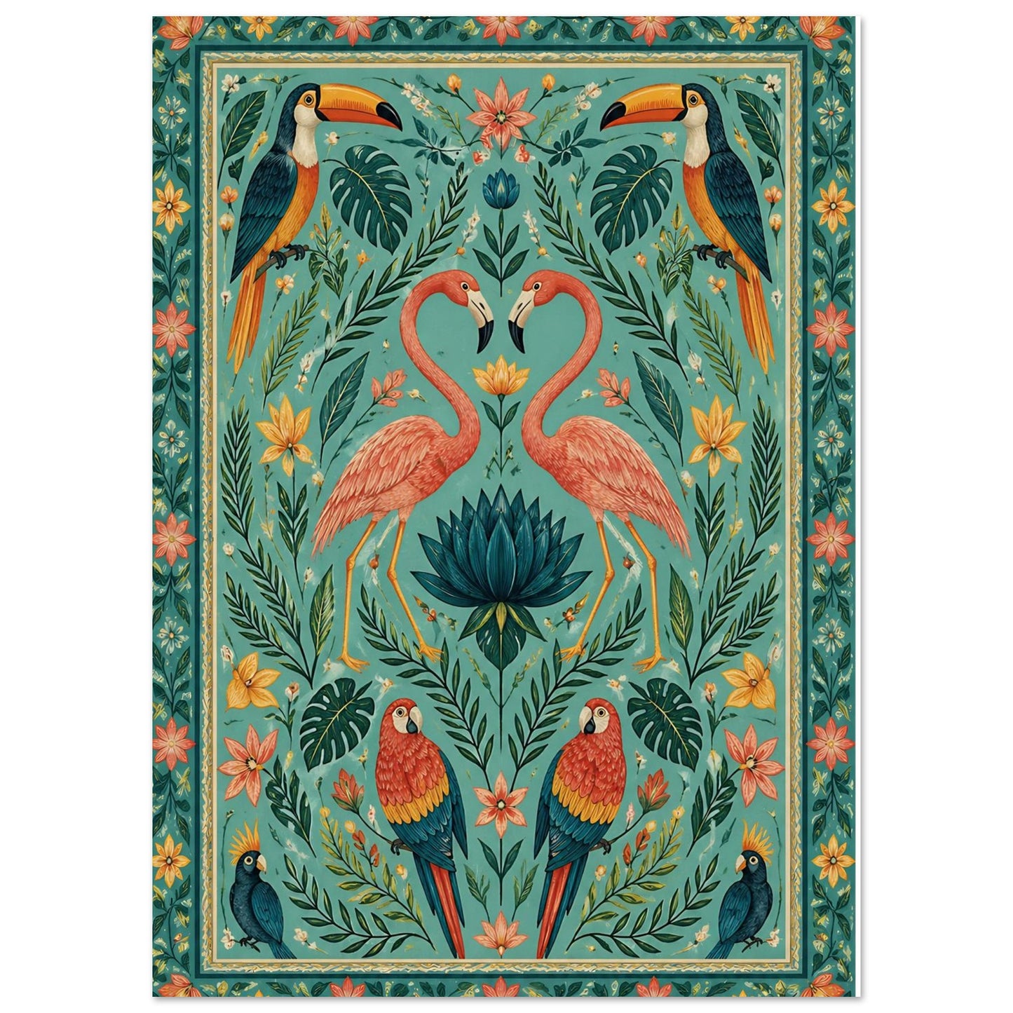 Flamingo and toucan folk art print