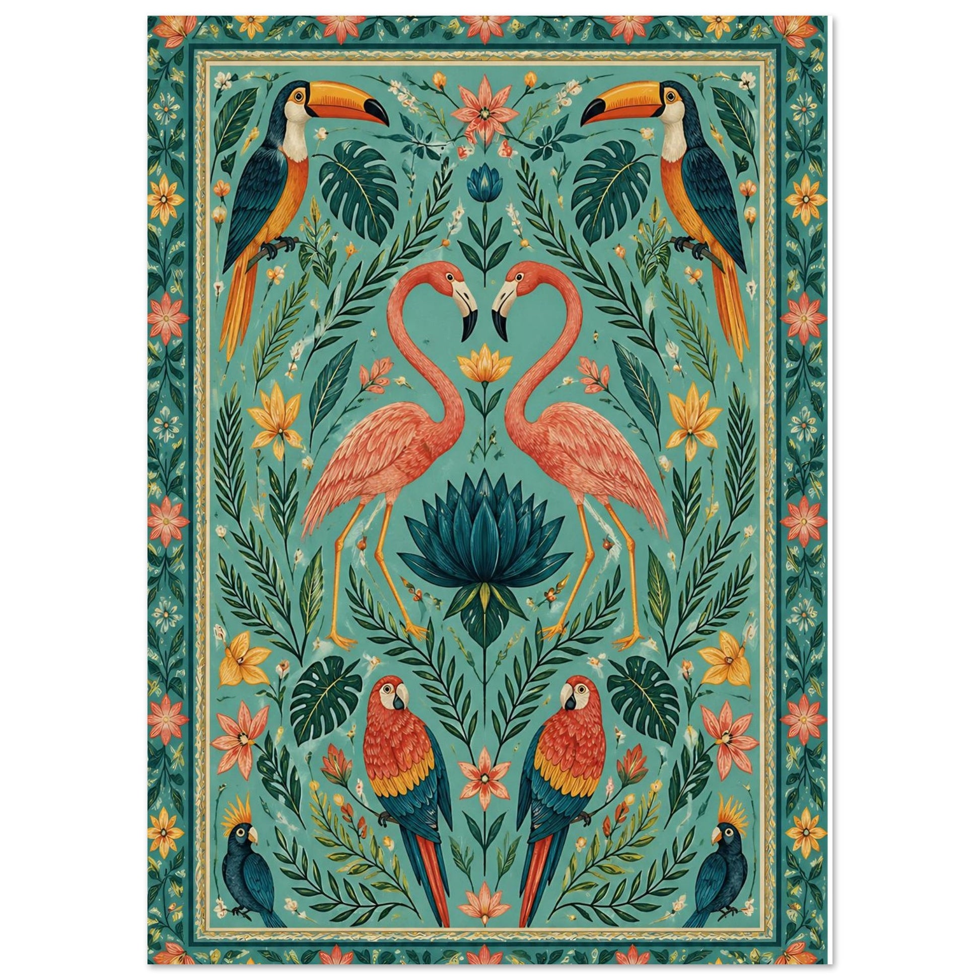 Flamingo and toucan folk art print